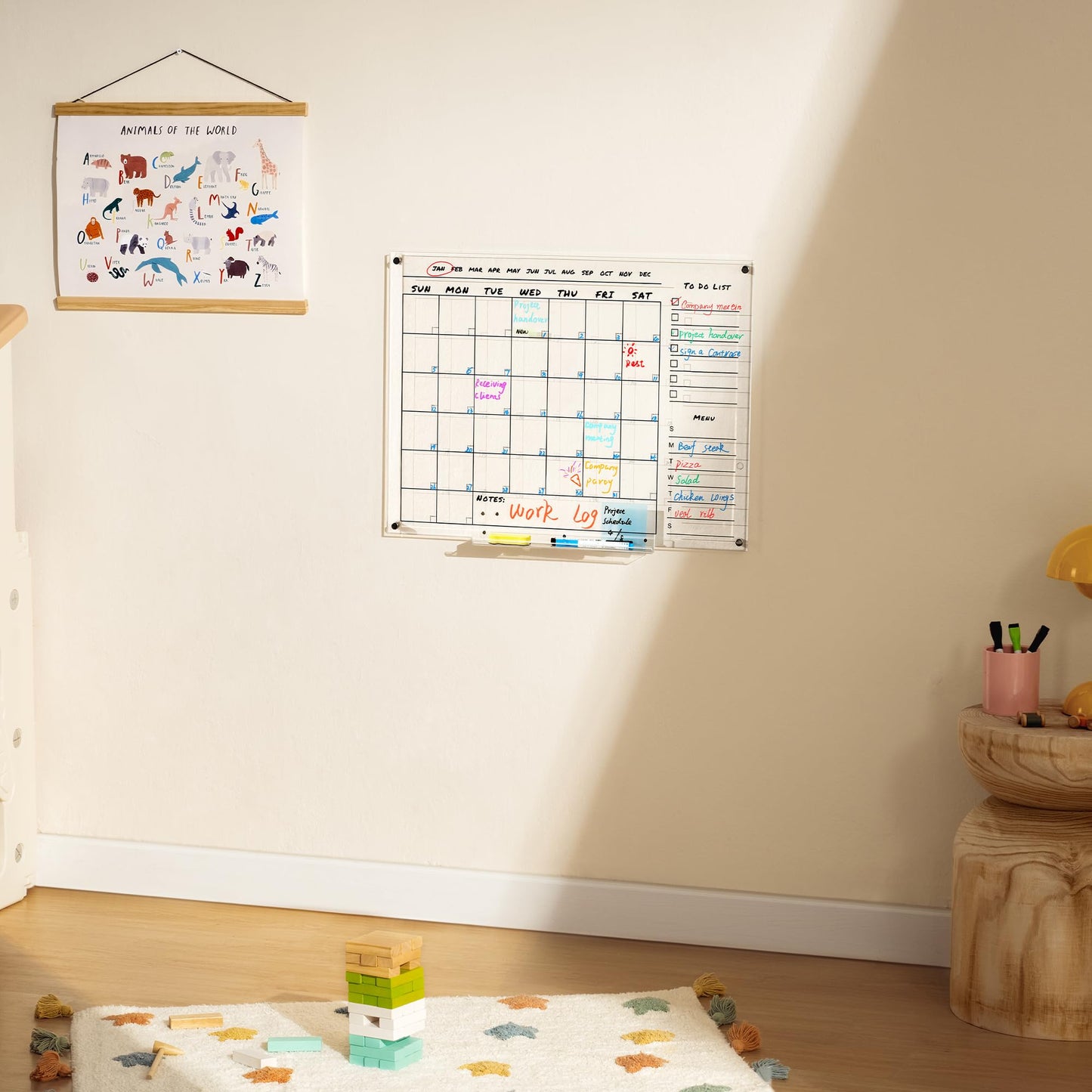 Acrylic Wall Calendar For Wall – 24” x 18” Dry Erase Calendar Board, Clear Monthly Planner for Wall with Tray, Chalk Markers, Eraser & Reusable Notes – Perfect for Home, Office, Kitchen & Classroom