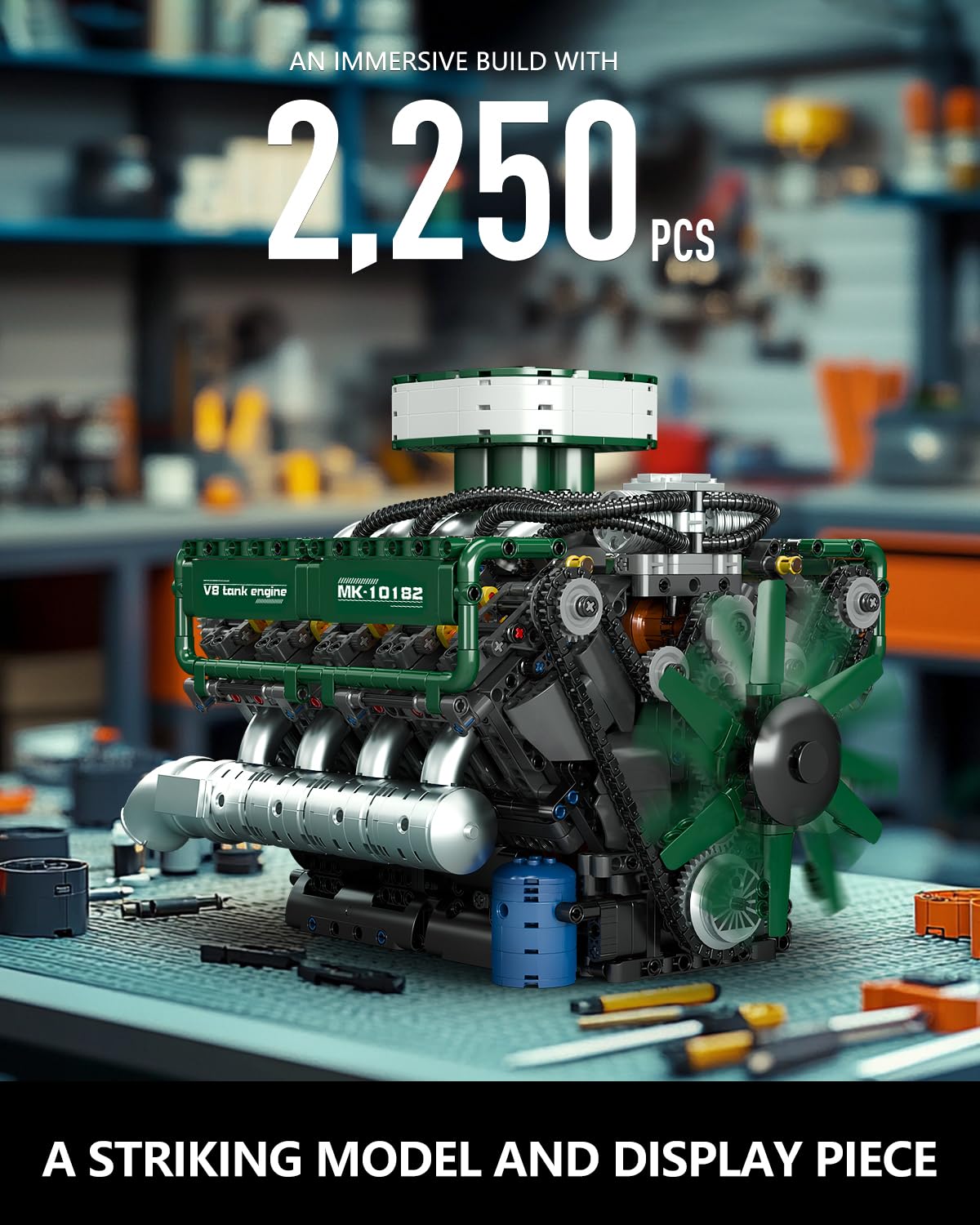 Mould King 10182 V8 Engine Building Blocks Sets, MOC V8 Tank Engine Model Kit with Battery and Motor, Collectable 8-Cylinder Combustion Car Engine Model Toys for Kids/Adults (2250+PCS)