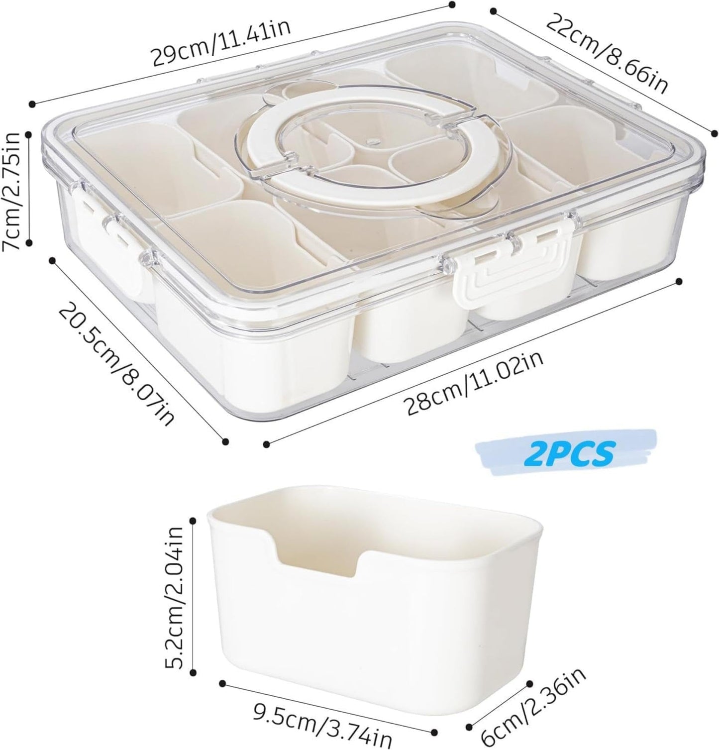 WACOI Divided Snack Serving Tray with Lid and Handle Travel Snackle Charcuterie Container Portable Storage Organizer for Candy, Fruits, Nuts, Snacks, Party, Picnic 2 Packs White