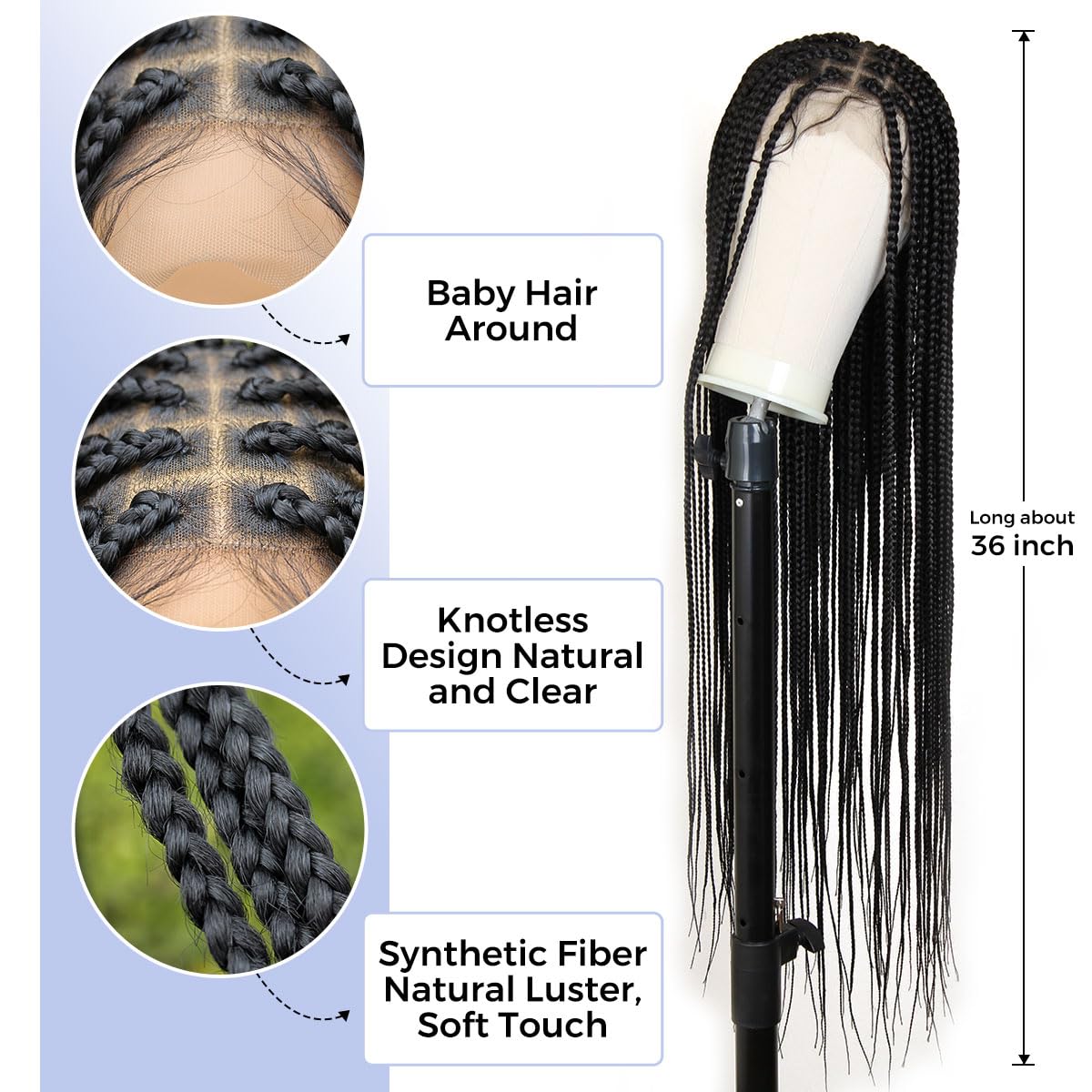KRALER 36 inch Braided Wigs for Black Women, Knotless Box Braid Wig Full Double Lace Square Based Micro Box Braids Wig Pre Plucked with Baby Hair