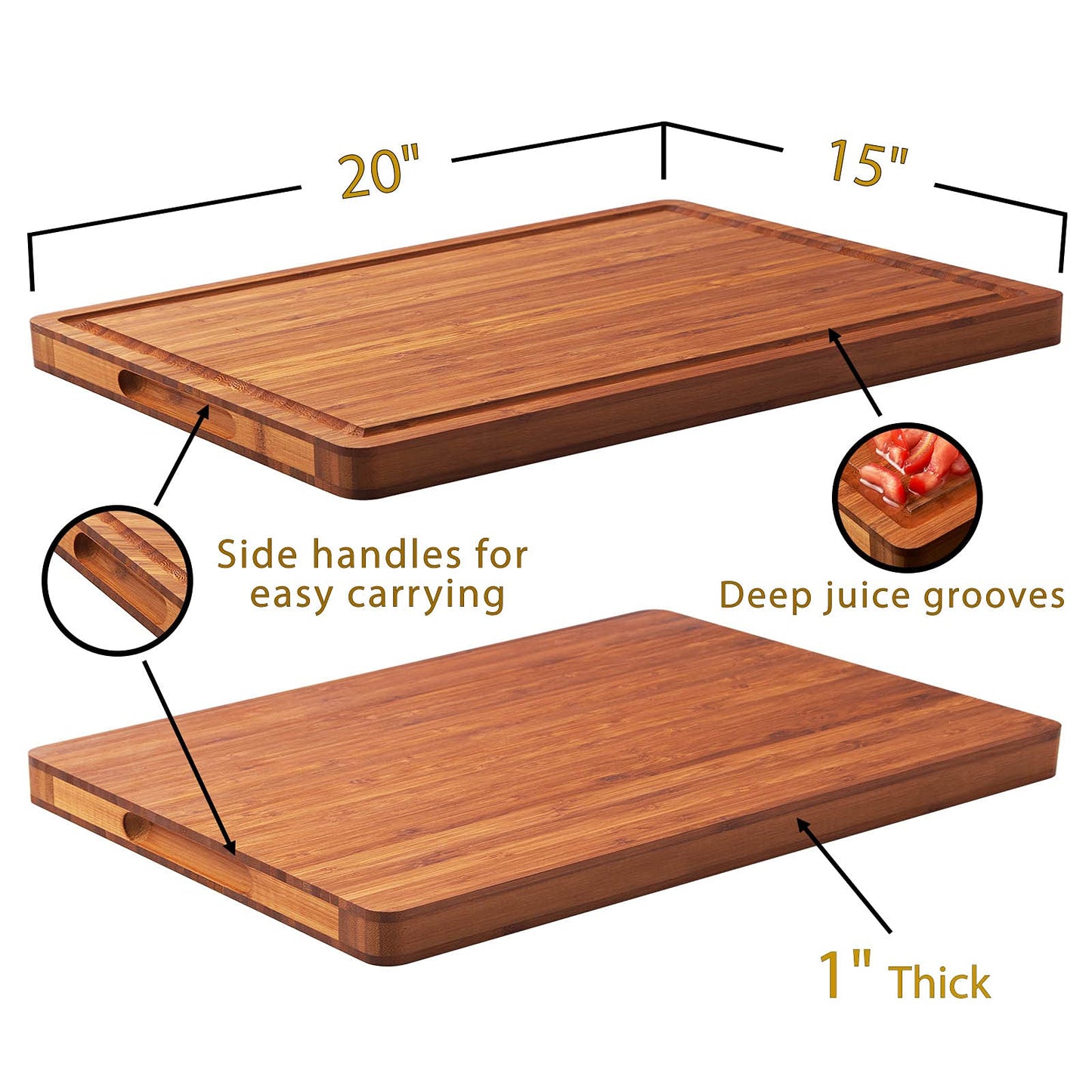 XL Cutting Board for Kitchen, 20x15" Extra Large, 1" Thick Bamboo Wood Butcher Chopping Block, Cheese Board, Durable Reversible with Juice Grooves and Handles