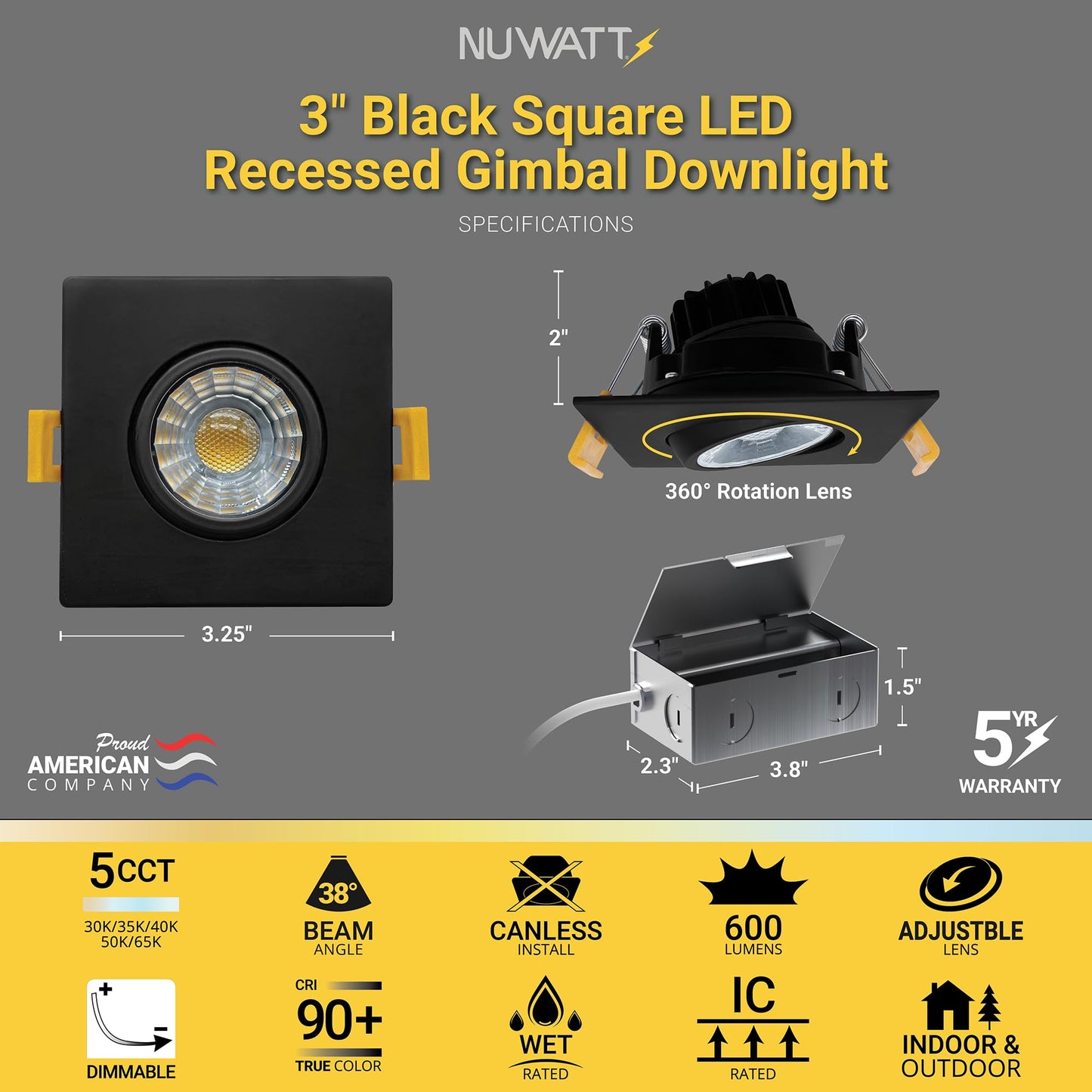 NUWATT 3 Inch LED Gimbal Recessed Lights Black Square, 5CCT 2700K/3000K/3500K/4000K/5000K Selectable 8W, 600 Lumens, IC Rated, Wet Rated, 120V, Dimmable, Canless Adjustable Recessed Lighting, 4 Pack