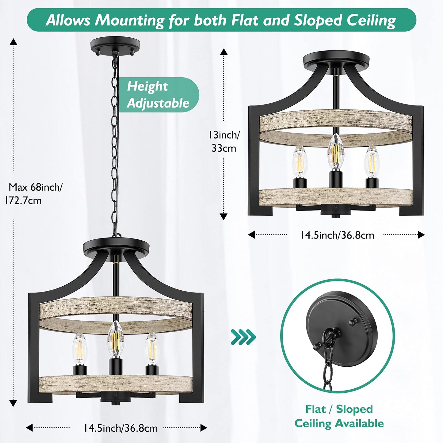 3-Light Rustic Farmhouse Pendant Hanging Light Adjustable Height Max 68in, 14.5” Convertible Vintage Semi Flush Mount Ceiling Light Fixture Black Metal Chandelier Wood Finish Kitchen Dining Room