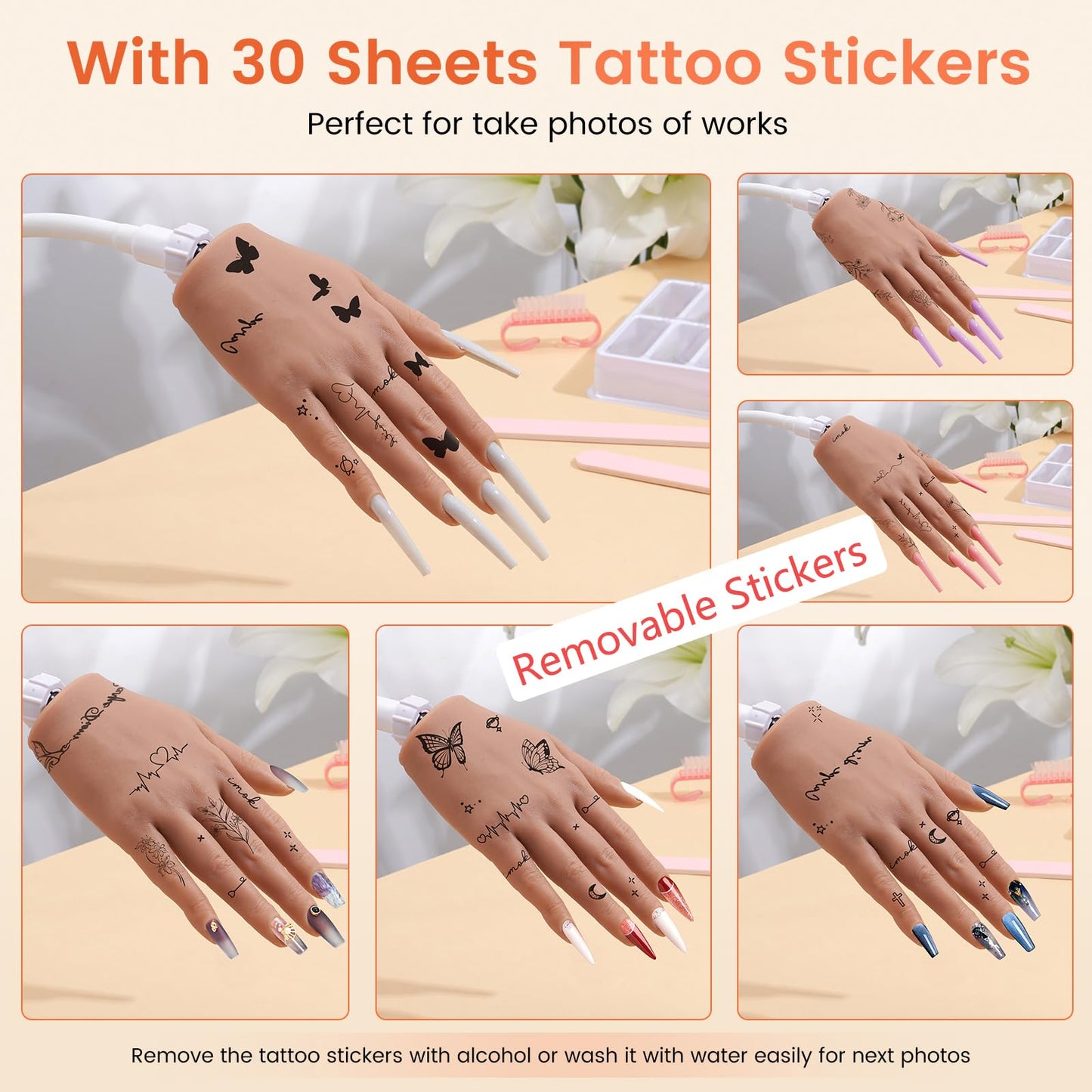 Wilfniee Silicone Practice Hand for Acrylic Nails With Removable DIY Tattoo Stickers - Flexible Silicone Hand for Nail Practice - Realistic Nail Mannequin Hand to Practice Acrylic Nails for Beginners