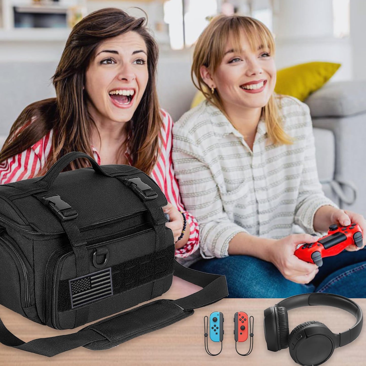 ALSLEA Tactical Travel Gaming Bag Compatible with Nintendo Switch Carrying Case for Steam Deck, for PlayStation Portal Case, Handheld Console Storage Bag with Flag Patch &18 Game Cards Slot (Black)