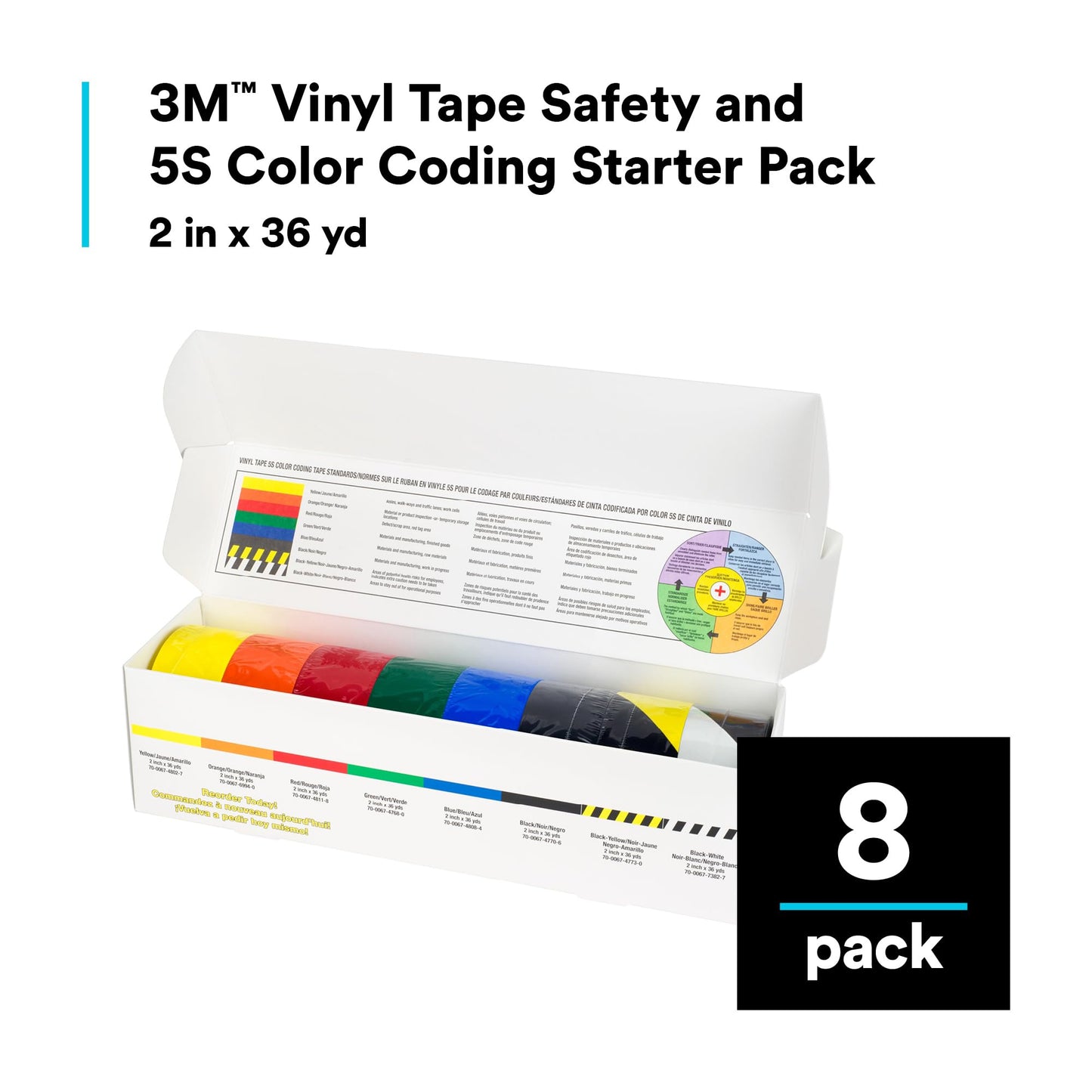 3M Caution and Safety Marking Vinyl Tape 5S Color Coding Pack - Variety Pack - High-Visibility, Colorful Hazard Marking - 8 Rolls/Case