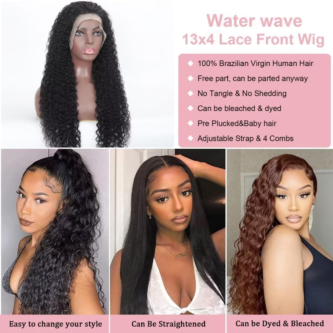 13x4 Water Wave Lace Front Wigs Human Hair Pre Plucked Glueless Wigs for Black Women 180 Density Curly Human Hair Wig Wet and Wavy Lace Frontal Wigs Human Hair With Baby Hair Wig (Natural, 20inch)