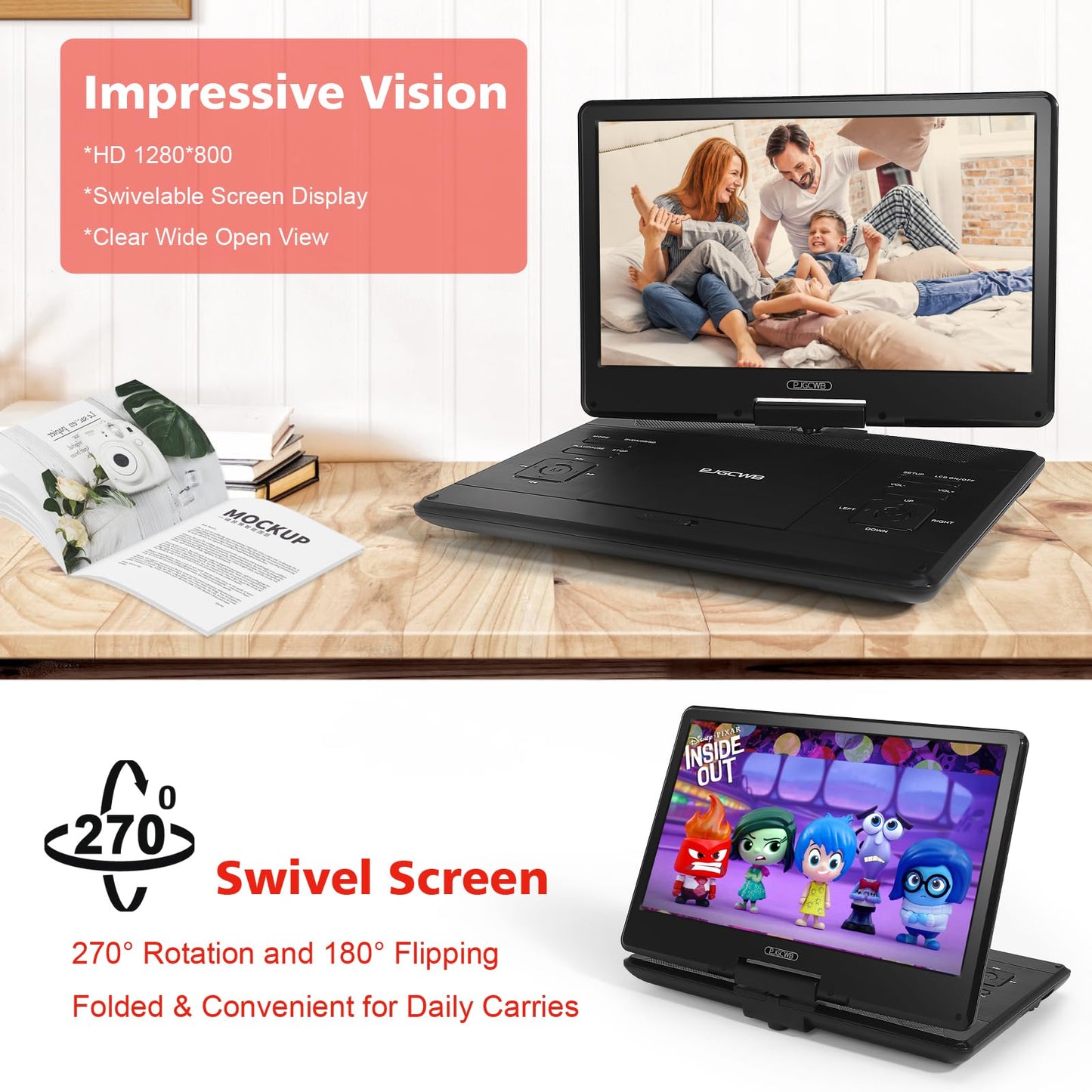 16.9" Portable DVD Player with 14.1" Large HD Screen,High Volume Speaker,4-6 Hours Built-in Rechargeable Battery,Support USB/SD Card/Sync TV and Multiple Disc Formats,Region Free,Remote Control,Black