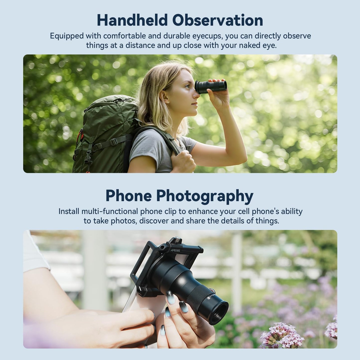 APEXEL 6X Telephoto Lens & 150mm Macro Lens, 2-in-1 Aluminum Phone Camera Lens Kit with Universal Clip. Phone Lens Attachment Fit for iPhone 16/15/14/13, Samsung, Android Phone and Most Smartphone.