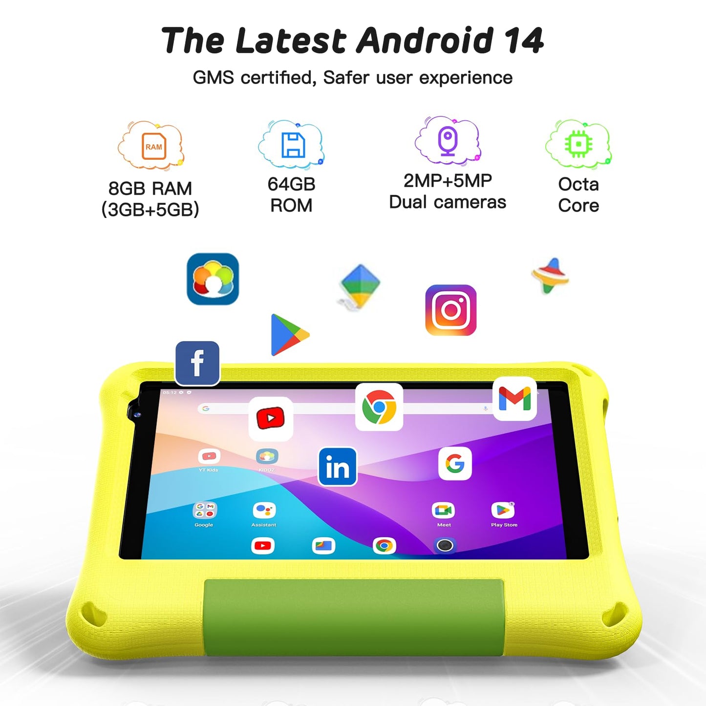 CALLSKY-NOTE Android 14 Kids Tablet 8 Inch Tablet for Kids Octa-Core 8GB+64GB Toddler Tablet with EVA Case Child Learning Tablet with YouTube, WiFi 6, Parental Control, Bluetooth 5.4, Yellow
