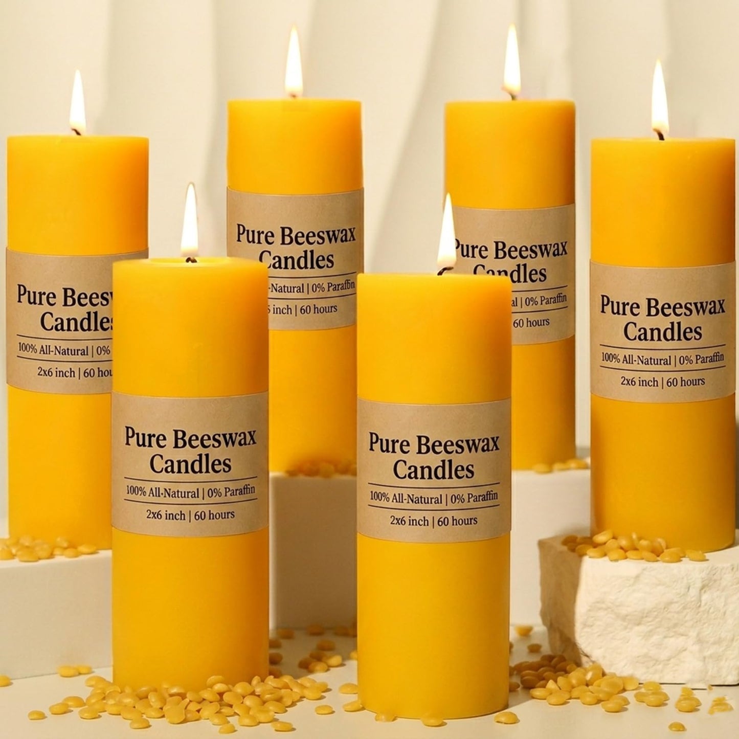 6 Pack Natural Beeswax Pillar Candles 2x6in,360 Hours Long Burning Unscented Beeswax Candles,100% Pure Bees Wax Candles for Home,Emergency,Dripless Pillar Candle Bulk