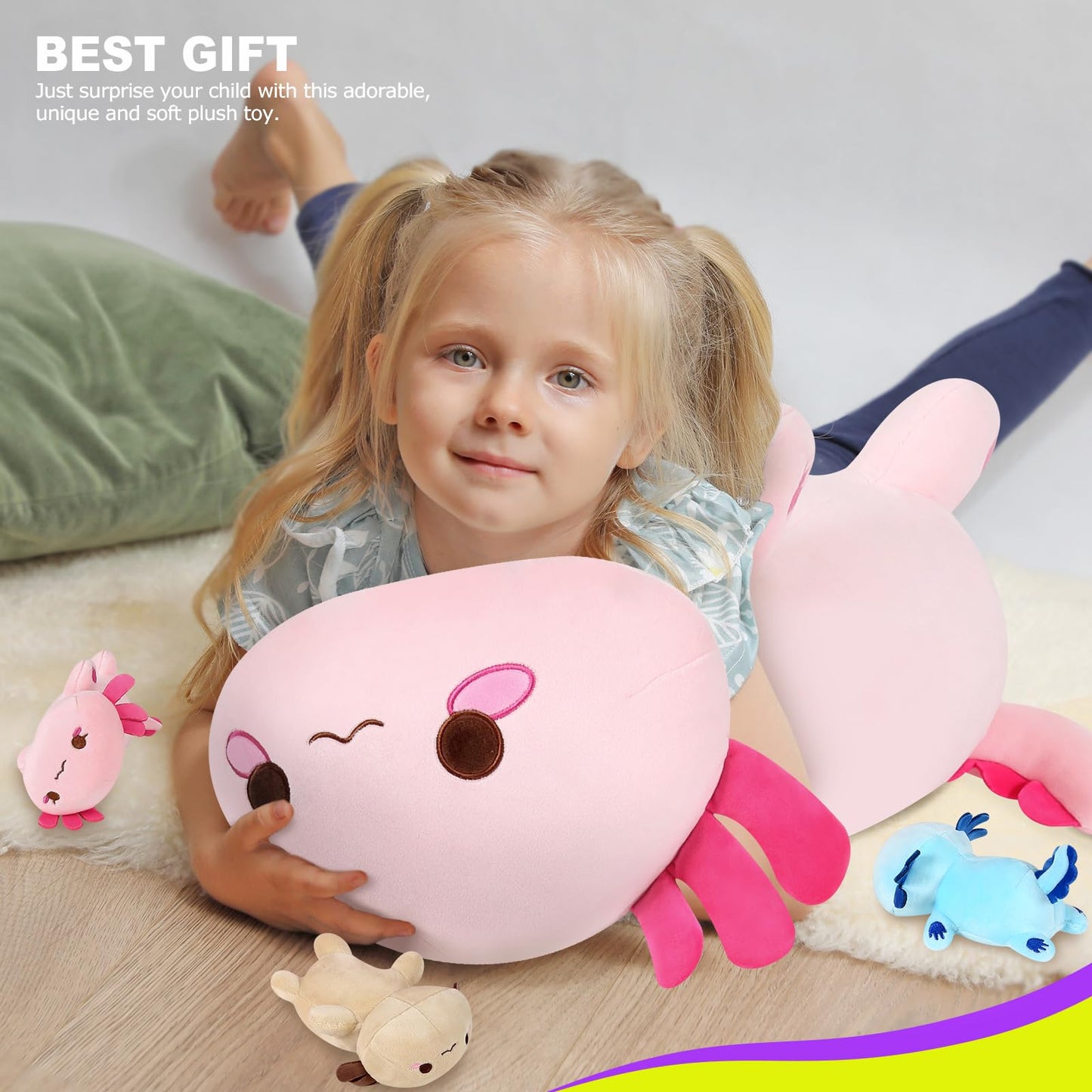 Onsoyours Axolotl Stuffed Animal Mommy 19.7" With 3 Baby Axolotl Plushies In Tummy, 4-Piece Cute Axolotl Family Plush Pillow Toys For Kids, Girls, Boys (Pink)