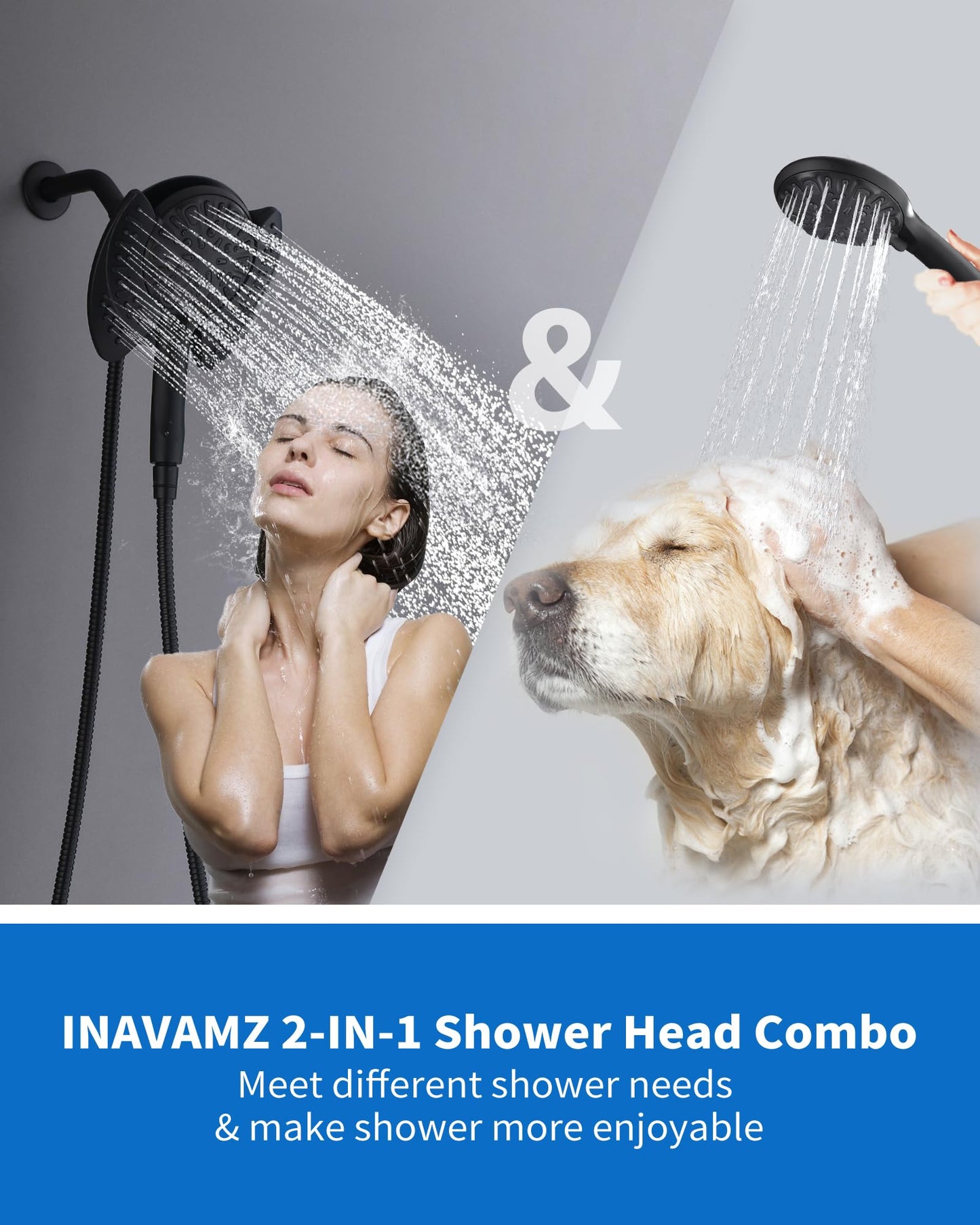 INAVAMZ 2-in-1 Shower Head with Handheld Combo: 2.5GPM Rainfall & Handheld Shower Head Use Together or Alone, 9 Spray Settings Hand Held Shower Head with Hose, Black