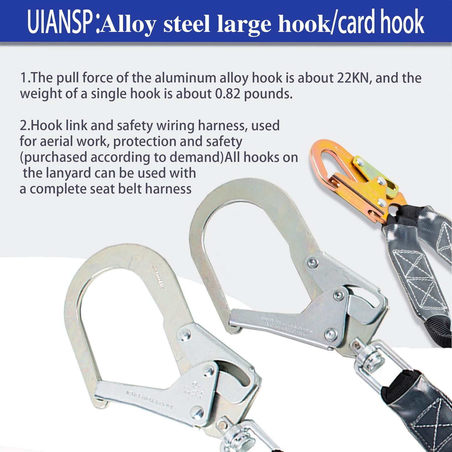 6ft Safety Harness Lanyard Double Leg Internal Shock Absorbing Safety Fall Protection Lanyard with Rope Harness Safety Lanyard Dual Rebar & Snap Hook Roofer Fall Protection Equipment(Alloy Steel)