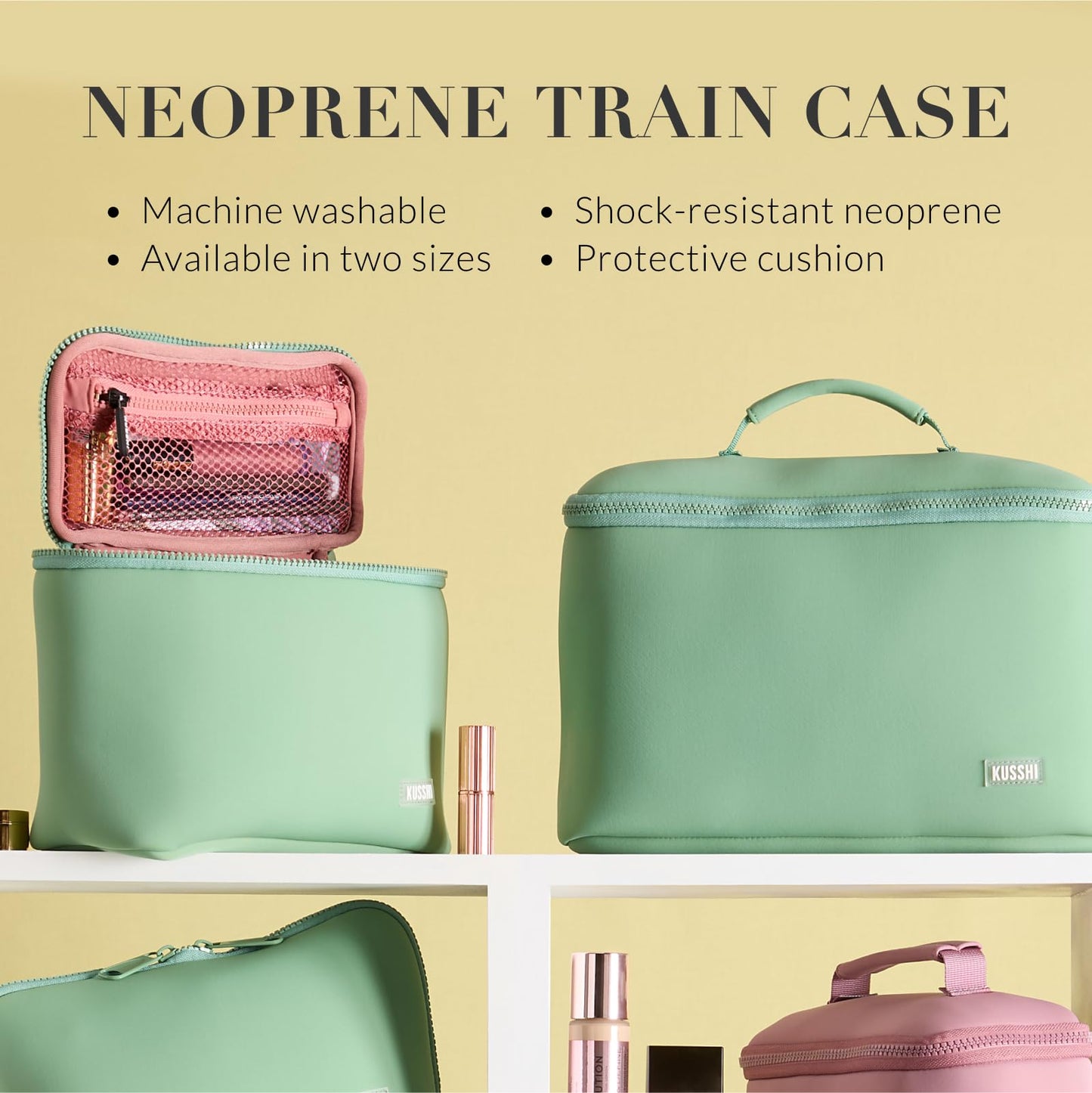 KUSSHI Neoprene Train Case (Large, Sage/Coral Rose)
