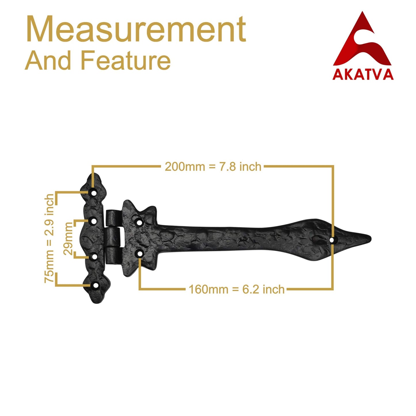 Akatva T Hinge Set - 6 Piece Gate Hinges for Wooden Fences - Heavy Duty Barn & Door Hinges – Black Matt Finish