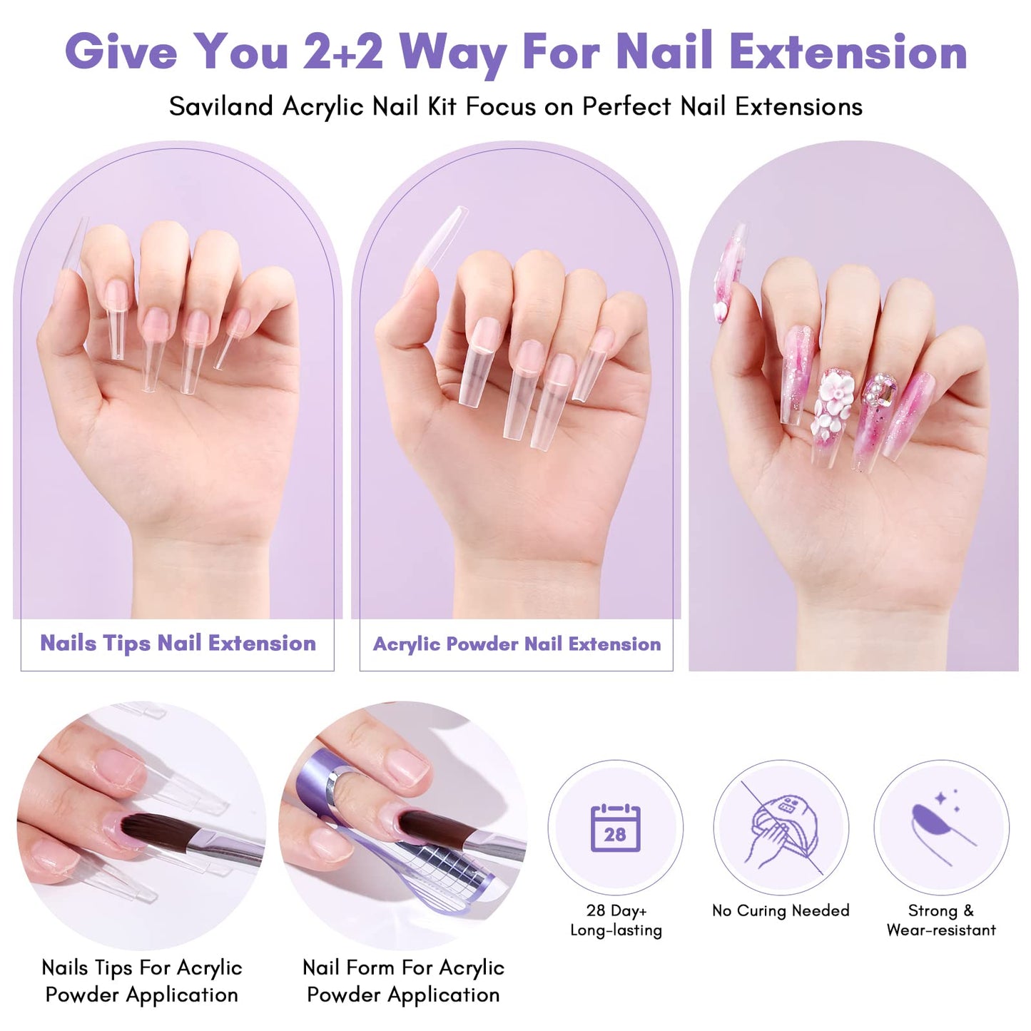 SAVILAND Acrylic Nail Kit with Nail Tips - 3 Colors Acrylic Powder Liquid Set 100pcs Half Cover False Nail Tips Acid-free Primer Top Coat Acrylic Nail Kit Set for Beginners DIY Nail Art Extension