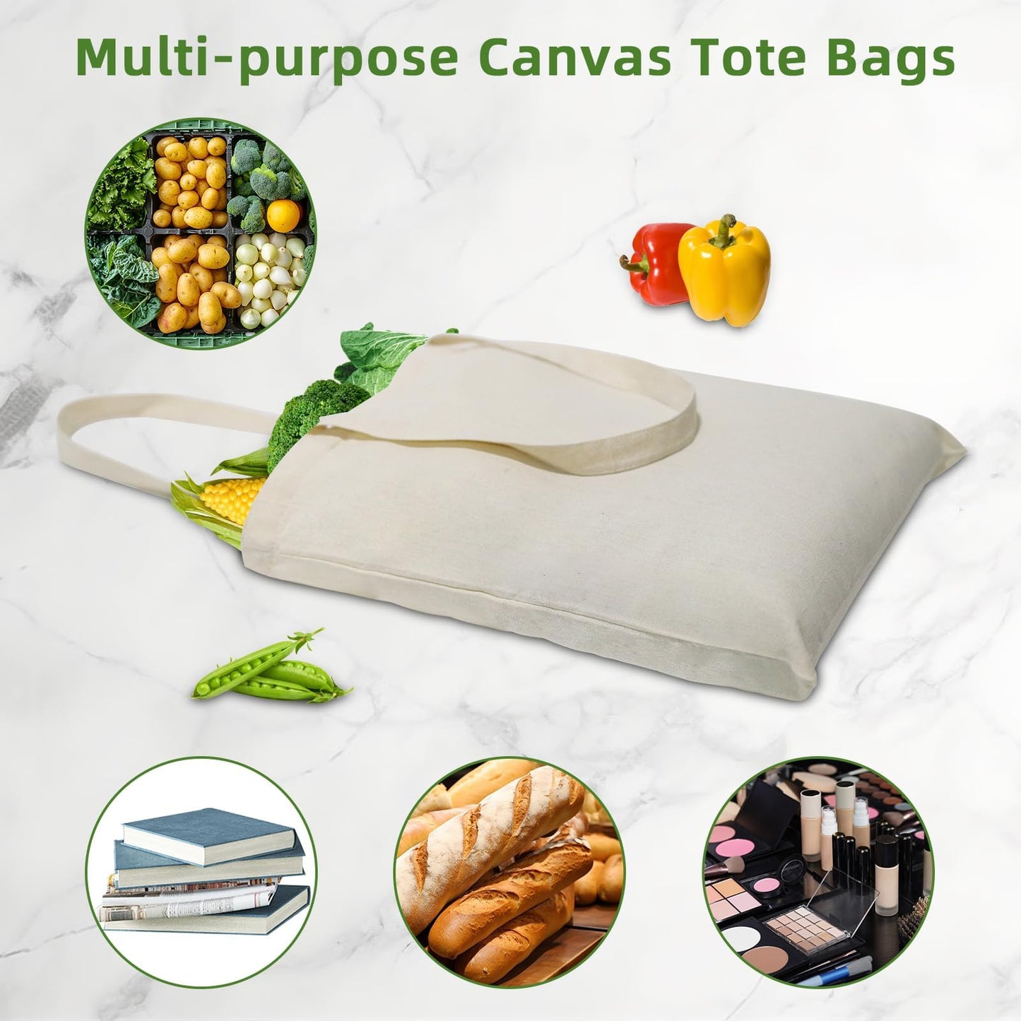 HECTOLIFE 48 Pack Canvas Tote, Reusable Blank Canvas for Shopping,Grocery Bags,DIY Gift Bags