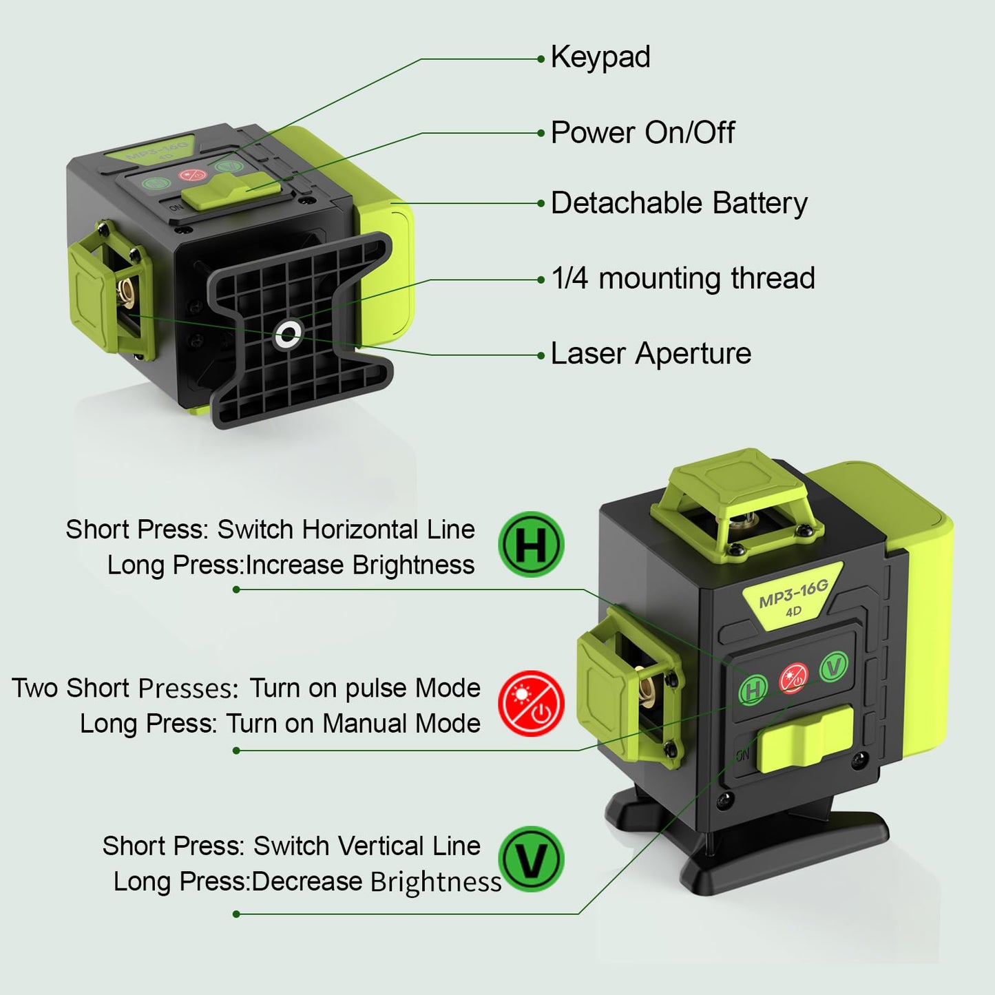 16 Line Laser Level 360 Self Leveling,4x360° Professional 4D Cross Line Green lazer Level with 2 Batteries for Construction and Picture Hanging,Adjustable Brightness Magnetic Bracket,Remote Control