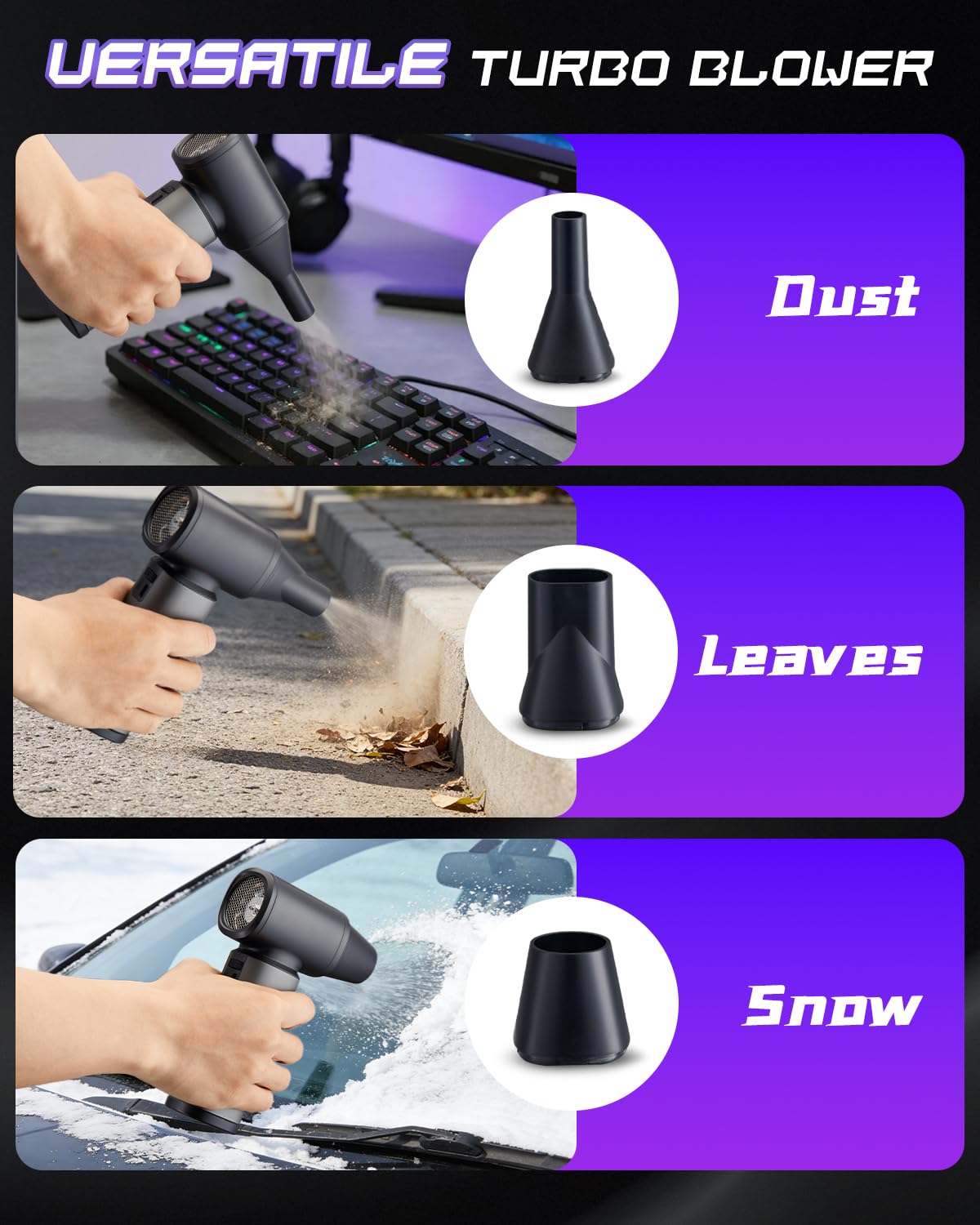 Electric Compressed Air Duster Rechargeale, 300000 RPM Duster Blower with LED Light, 3-Gear Adjustable PC Duster for Keyboard, Metal Air Blower for Car Detailing, Pet Car Drying, House Cleaning