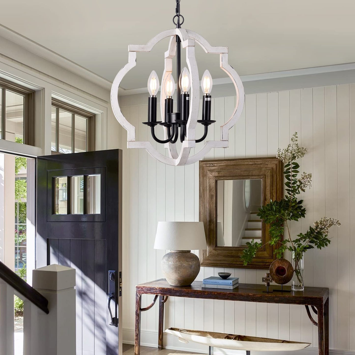 4-Light Plug in Chandelier with 16.4ft Cord,On/Off Switch,Orb Wood Farmhouse Hand-Painted Distressed White,Outdoor Chandelier for Gazebo,Kitchen Island Dinning Foyer Entryway