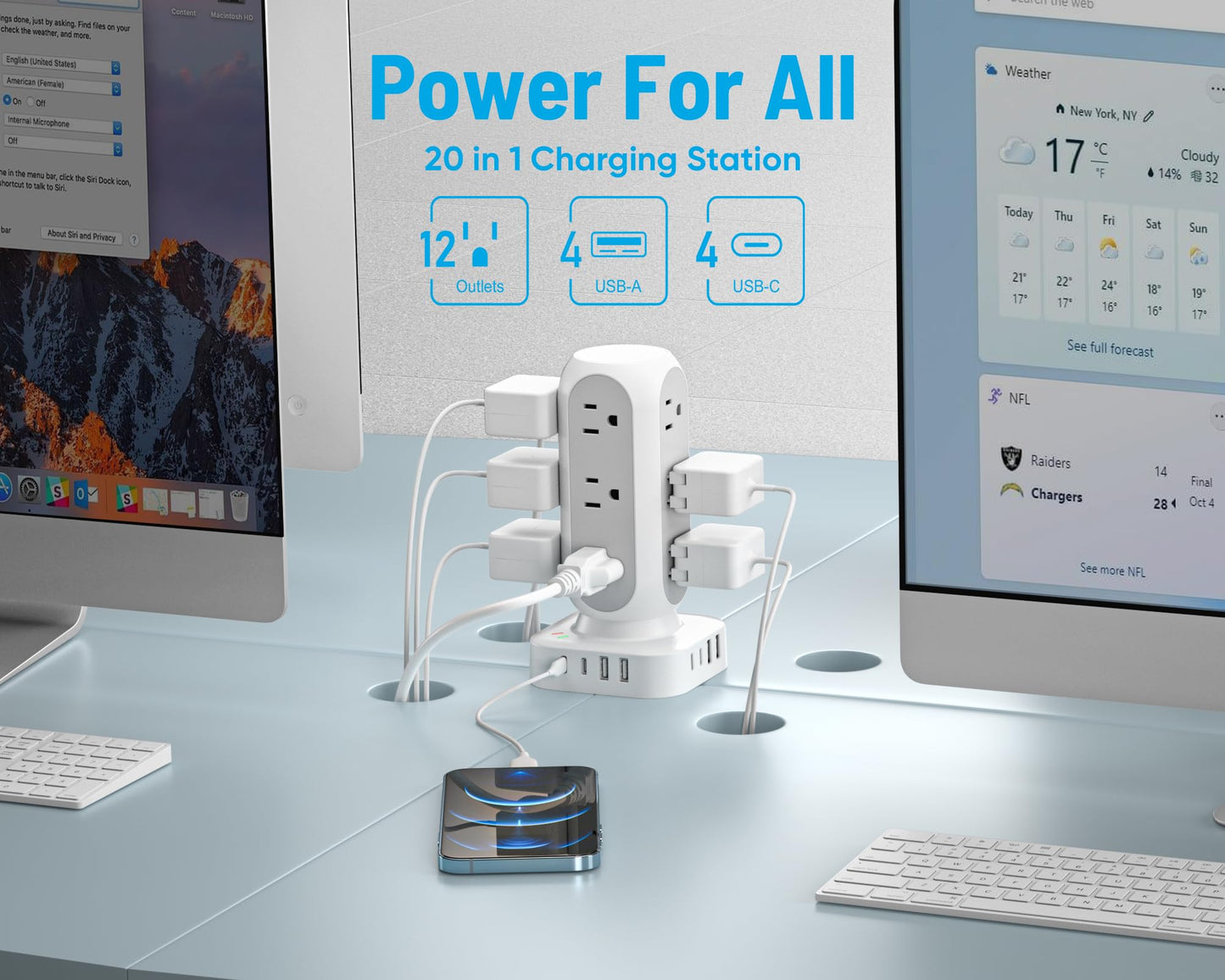 Flat Plug Power Strip Tower, 40W Total Fast Charging Station, Dual PD 20W USB-C Surge Protector with 12 AC Outlets and 8 USB Ports (4 USB C), 10FT Extension Cord for Home Office Dorm Room