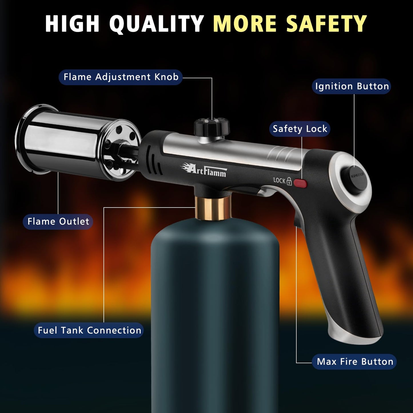 ARTFLAMM Powerful Propane Torch Gun, Flamethrower with Turbo Mode, Charcoal Torch Lighter with Safety Lock, Kitchen Blow Torch for Cooking, BBQ, Searing Steak, Grill(Tank Not Included)
