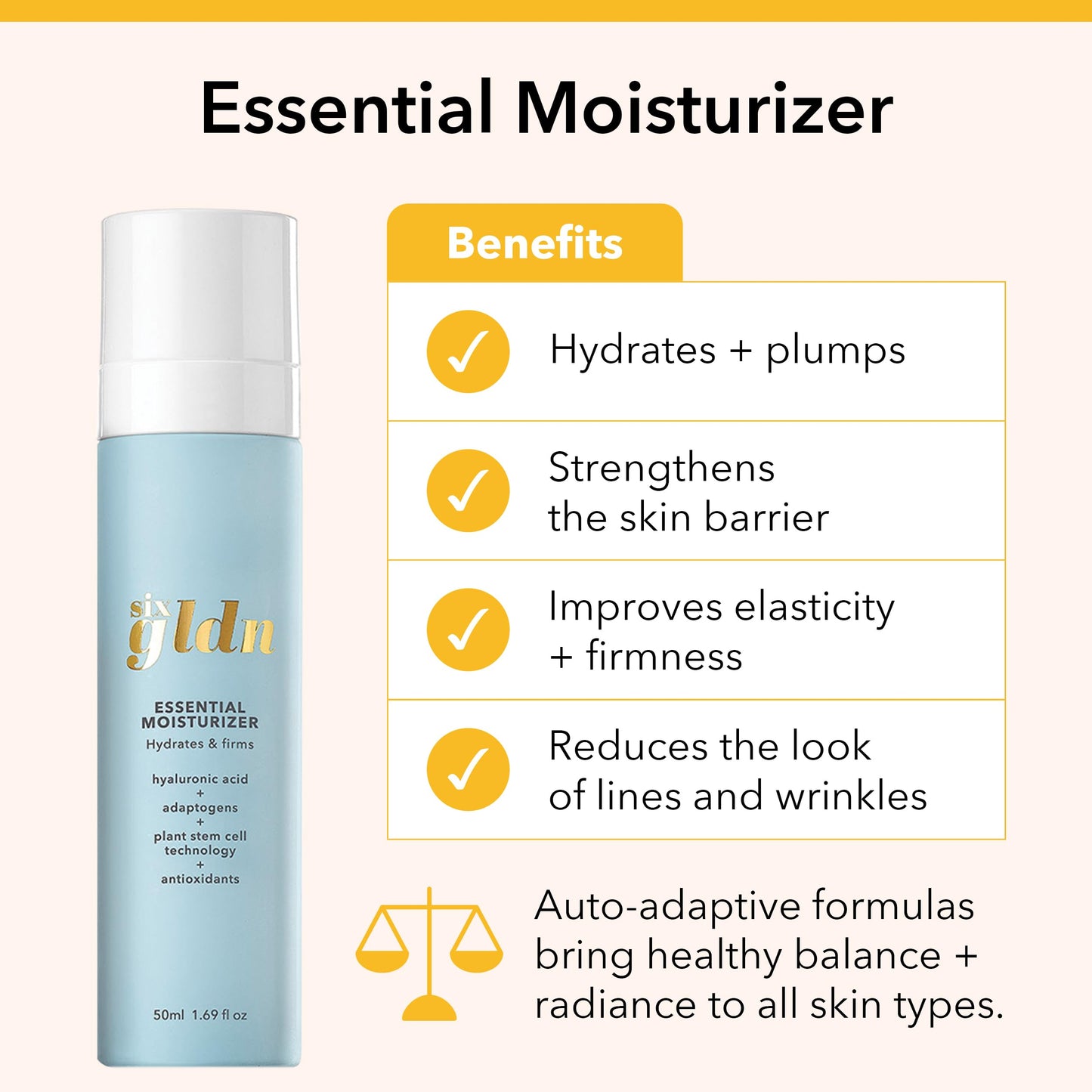Six Gldn Essential Moisturizer Daily Face Cream with Hyaluronic Acid, Anti-Aging, Hydrating, Antioxidant, Light, Vegan, K-Beauty Korean Skincare for All Skin Types, 50 ml