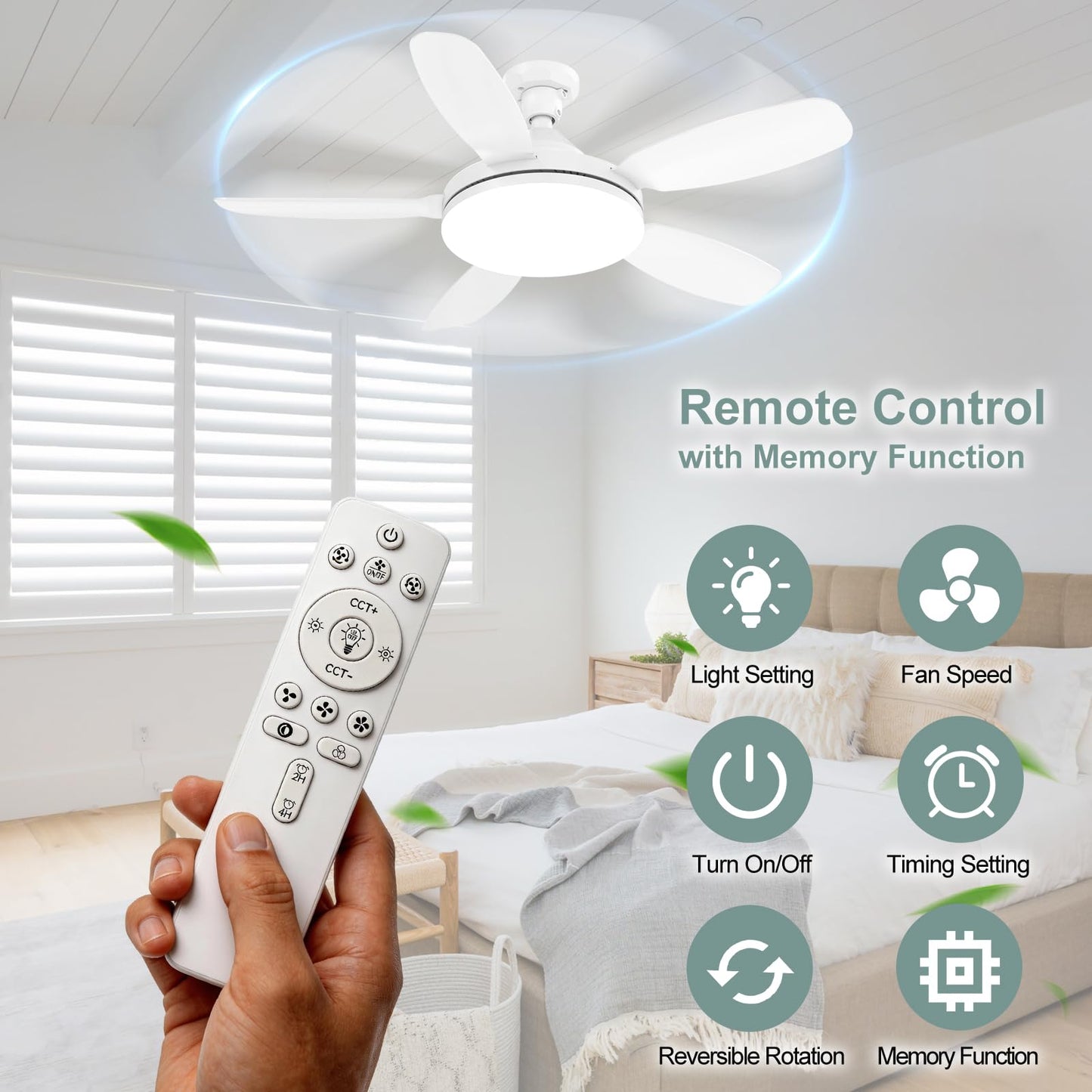 WZZIW 32" Socket Fan Light, 3000 Lumens Small Ceiling Fans with Lights and Remote, E26/E27 Light Bulb Fan with Reversible Motor, Dimmable 3000K-6500K Light Socket Fan for Bedroom Kitchen Garage