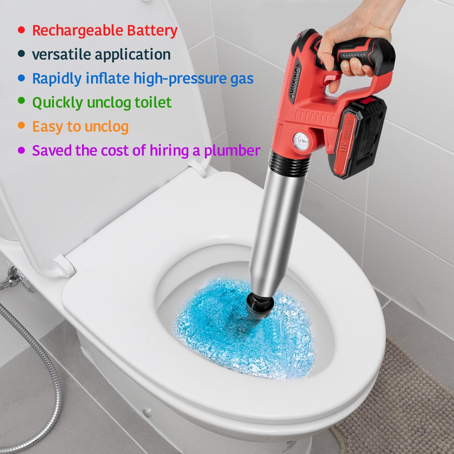 Electric Toilet Plunger With Dedicated Box, Plunger Toilet Can Only Take 2 Mins To Unclog Toilet,Bathroom,Floor Drain,Sewer,Pipe,RED,1 Battery
