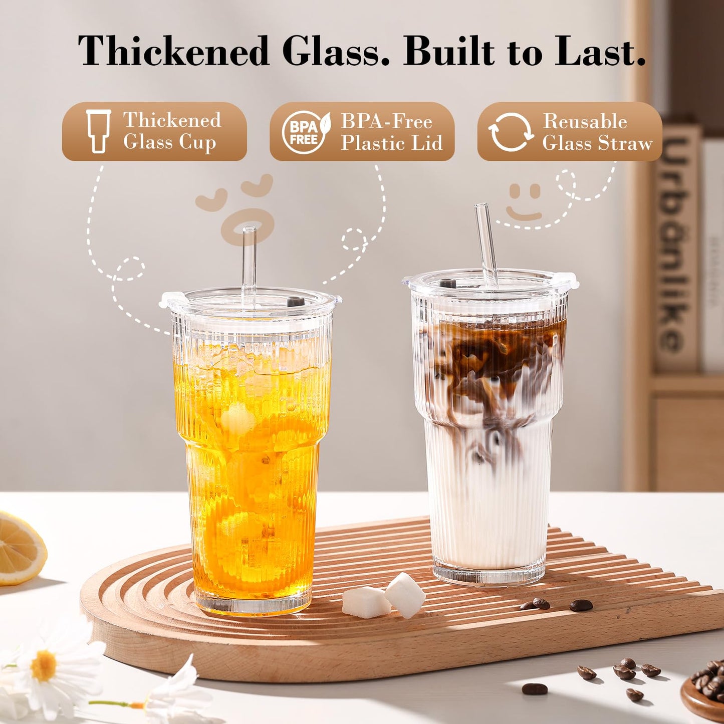 GOSCHE 20oz Glass Cups with Lids and Straws, Reusable Iced Coffee Cups, Thickened Glass Tumbler Set Ideal for Juices, Smoothies, Cocktails, and Beverage, Clear, 6 Pack