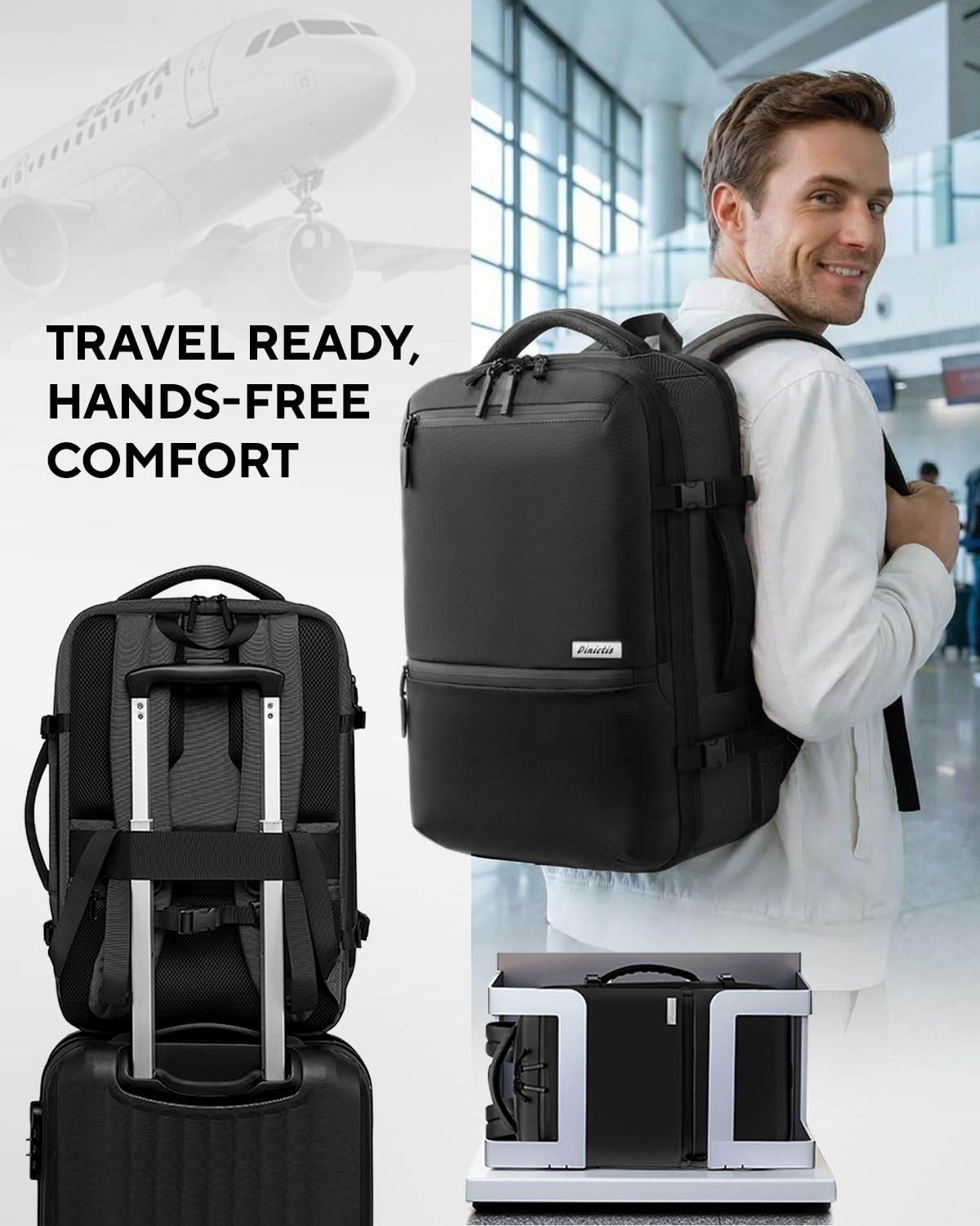 Dinictis Vacuum Seal Backpack 60L with Pump, Expandable Backpack with Vacuum Compression fits 17 inch Laptop, Water Resistant Carry On Suitcase Luggage suit for Short Trip and Business-Black