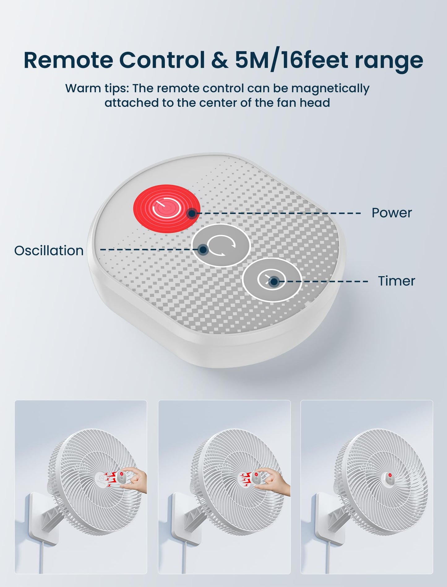 12" Wall-Mounted Oscillating Fan with Remote & Timer, Compact Bedroom/RV Fan - 4 Speeds, Quiet 90°Rotation, Adjustable Tilt, 8.2 ft Cord for Bathroom & Home Cooling, Include Adapter, Easy to Clean
