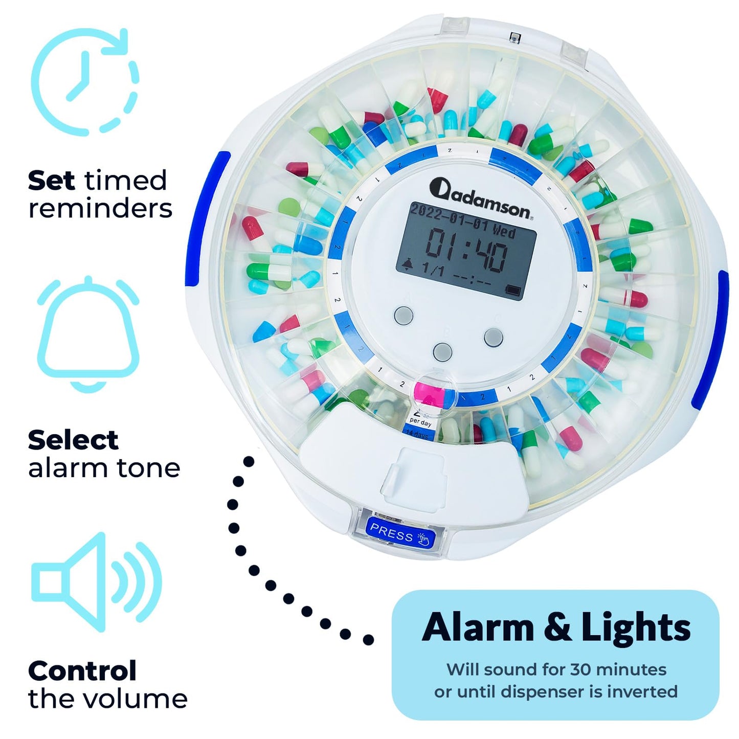 Adamson TimelyMed Smart Pill Dispenser with Alarm - WiFi App Monitoring - 28-Day Medicine Dispenser for Elderly & Alzheimer's Care - Automatic with Lock Key - New Version