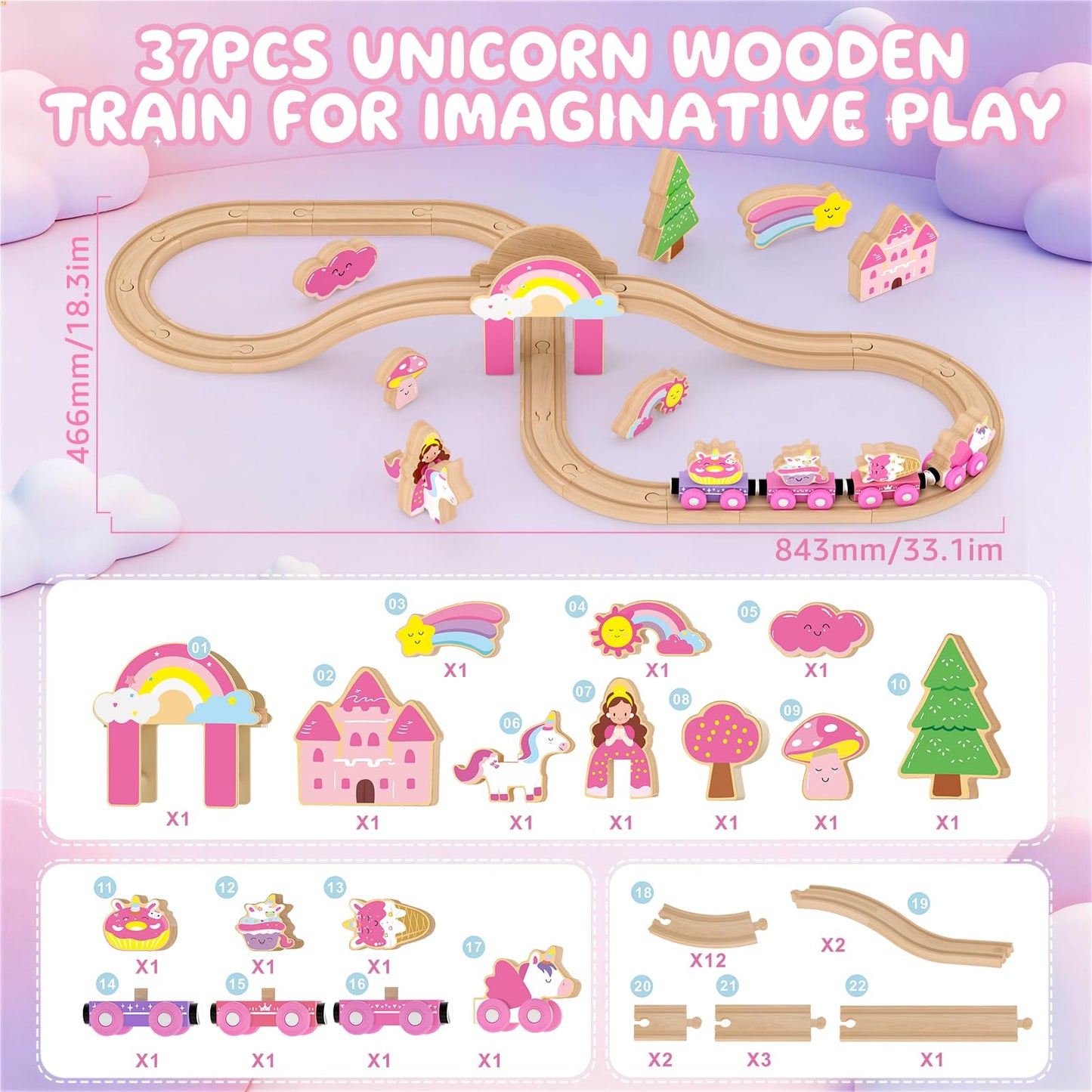Wooden Train Set, Pink Unicorn Magnetic Train Set for Toddler 3-6, Wooden Train Track, Toddler Princess Toys for 3 4 5 6 Year Old Girl Birthday Gifts