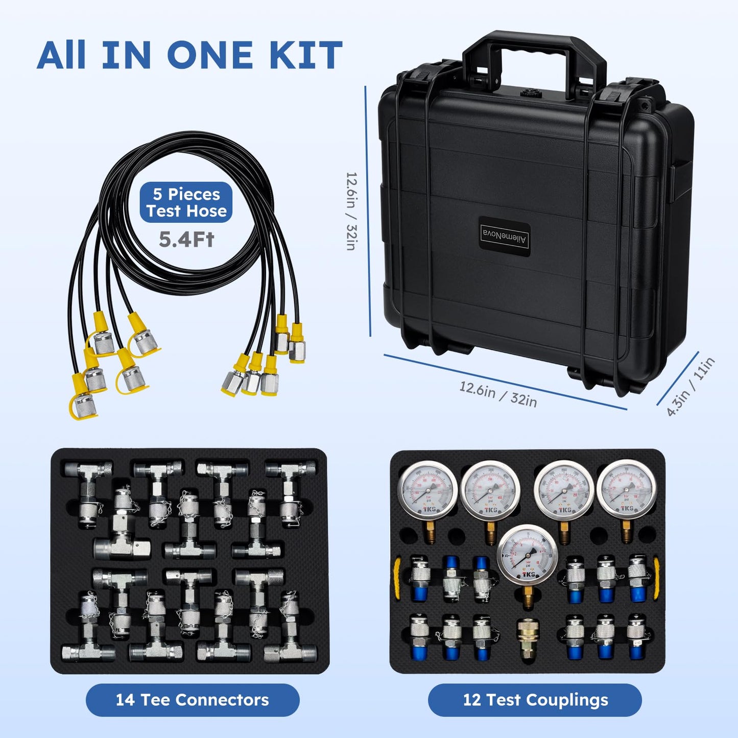 AilemeNova Hydraulic Pressure Test Kit, 5 Gauges (10/100/250/400/600bar) 60mpa 13 Test Couplings 14 Tee Connectors 5 Test Hoses w/Sturdy Portable Carrying Case for Excavator Construction Machinery