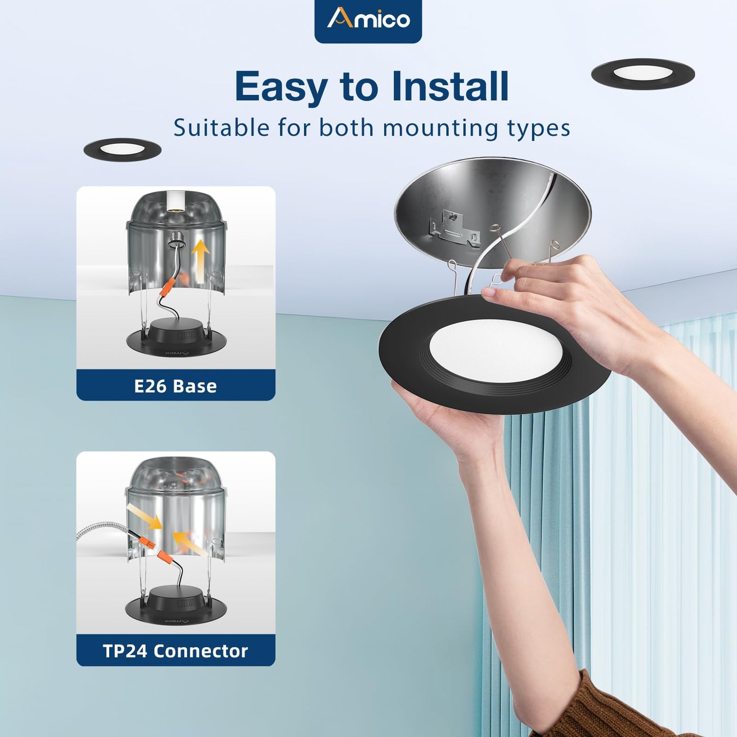 Amico 5/6 inch 5CCT LED Recessed Lighting 12 Pack, Dimmable, Damp Rated, 12.5W=100W, Can Lights with Baffle Trim, Retrofit Installation, ETL&FCC, Black