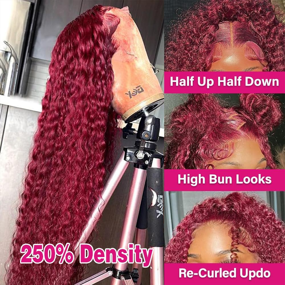 Larhali 99J HD Lace Front Wigs Human Hair Pre Plucked 250% Density Burgundy 13x6 Deep Wave Frontal Wigs Natural Hairline Human Hair Wigs for Black Women(24 Inch)
