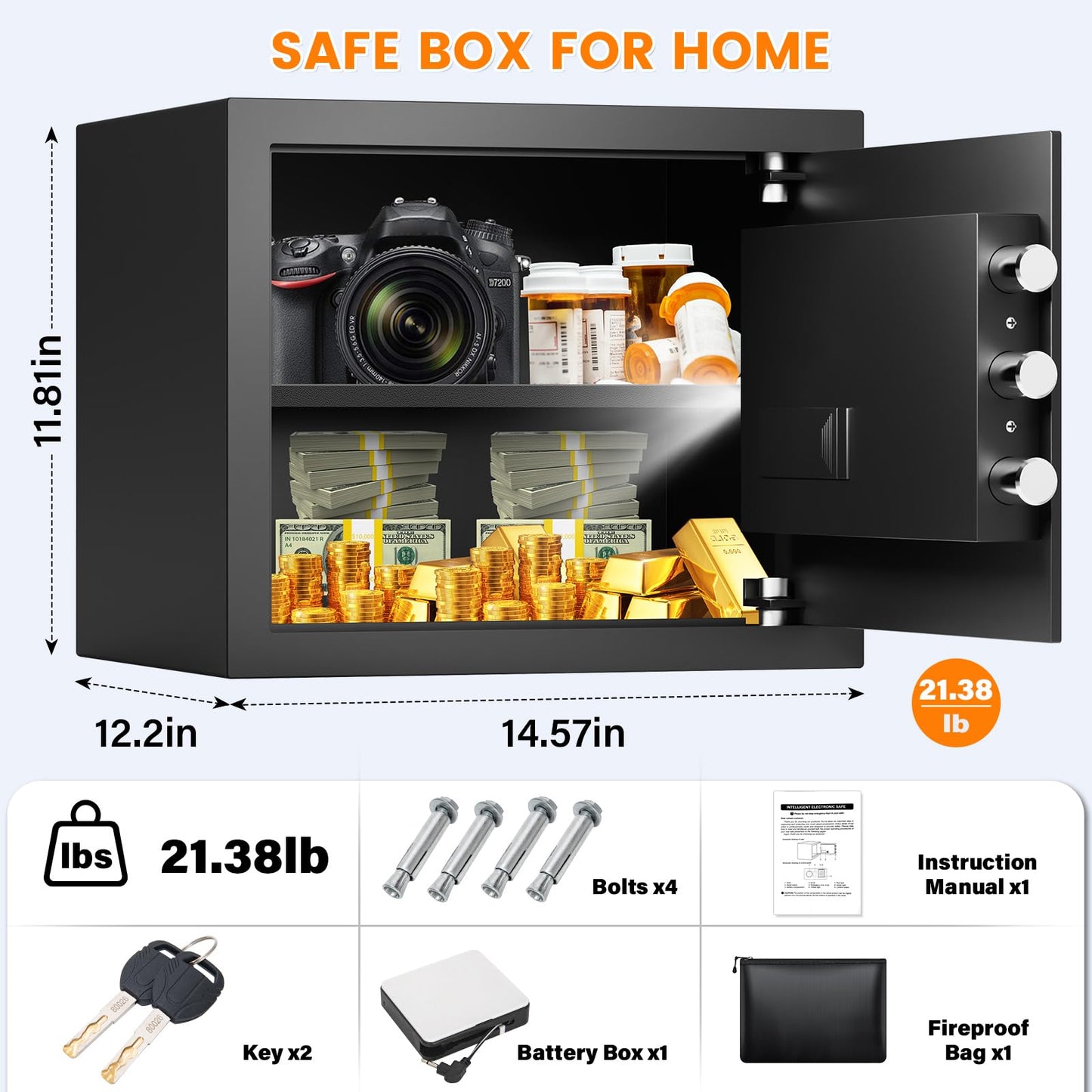 2.0 Cuft Safes for Home, Fireproof Safe Box, Home Safes Fireproof Waterproof with Electronic Keypad & Fire Proof Bag, Removable Shelf, Smart Alert, Safe Box for Home Documents Money Medicine