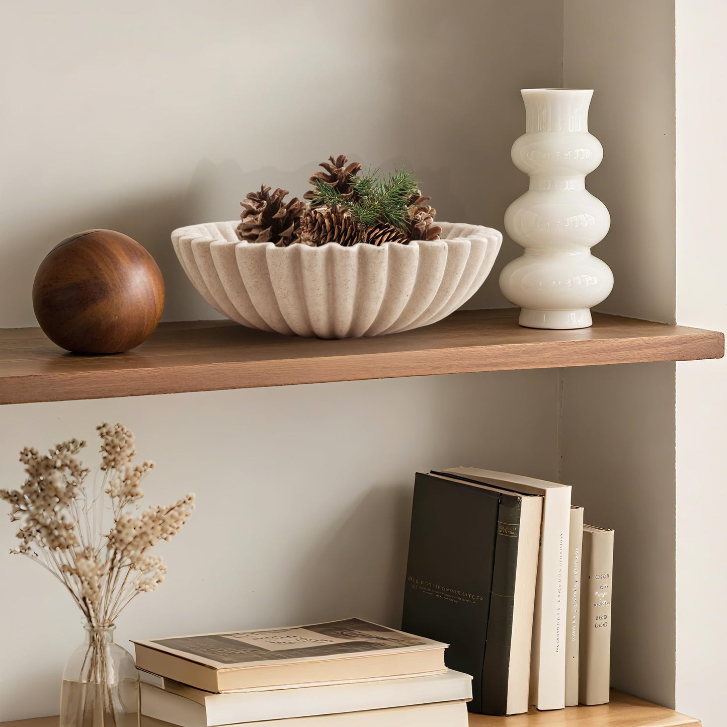 Plukers 10'' Scalloped Decorative Key Bowl for Entryway Coffee Table - Catchall Trinket Large Candy Fruit Purse Holder Kitchen Countertop Console Modern Home Decor, Artificial Stone Beige