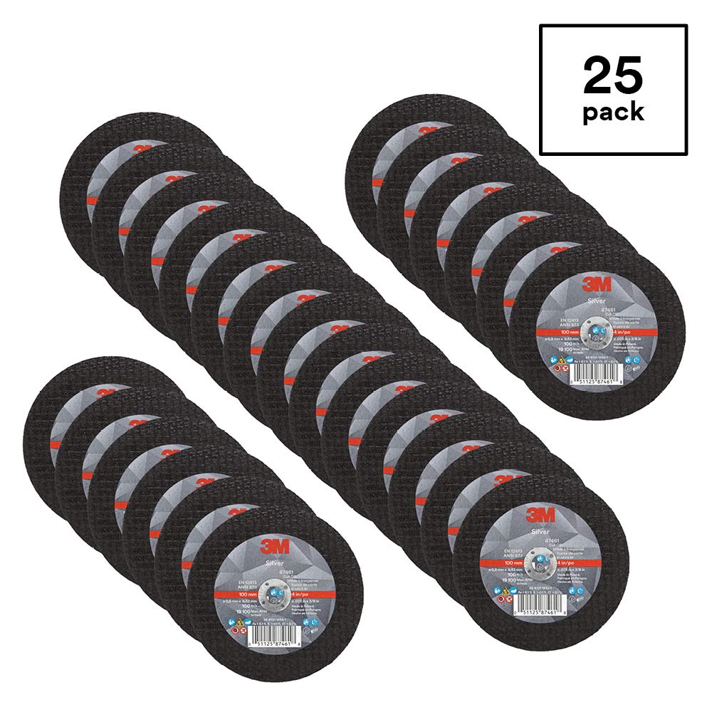 3M Silver Cut-Off Wheel, 87461, T1, 4 in x .035 in x 3/8 in, Pack of 25, Precision Shaped Grain, Pipe Cutting, Stainless and Mild Steel, Metal Fabrication, Metalworking