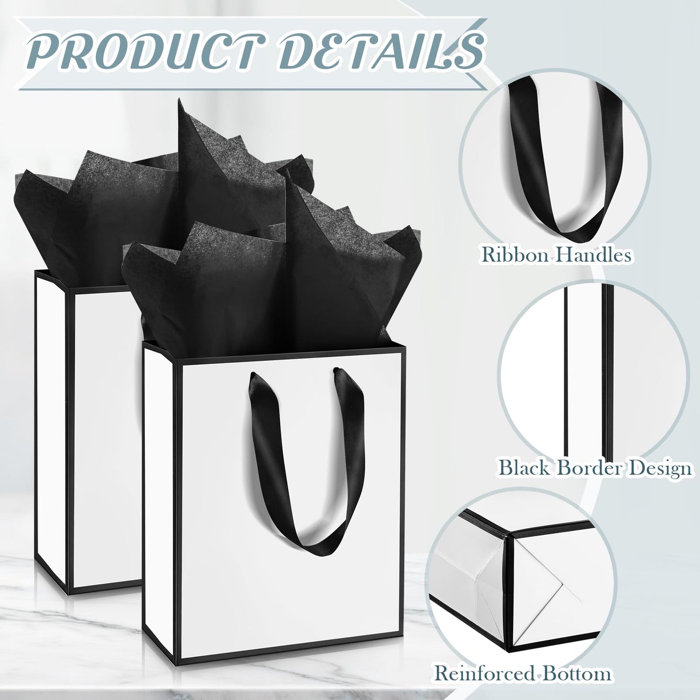 Yeaqee 50 Pack Metallic Gift Bags with Handle and Tissue Paper Gold Foil Welcome Bag for Wedding Guest Fall Party Hotel Guest 5 Senses Gifts Birthday Baby Shower Holiday 9x7x3.15''(White Black)