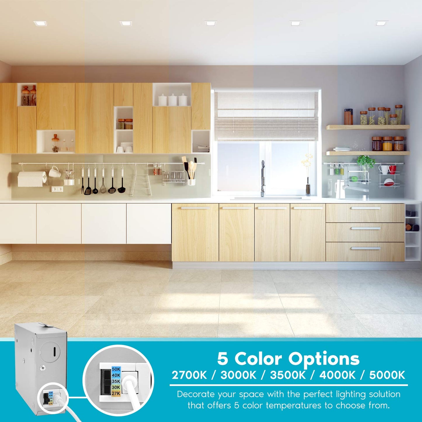LUXRITE 3 Inch Square Ultra Thin LED Recessed Light with Junction Box, 8W, CCT Color Selectable 2700K | 3000K | 3500K | 4000K | 5000K, Dimmable Wafer Light, 540 Lumens, Energy Star, IC Rated (4 Pack)