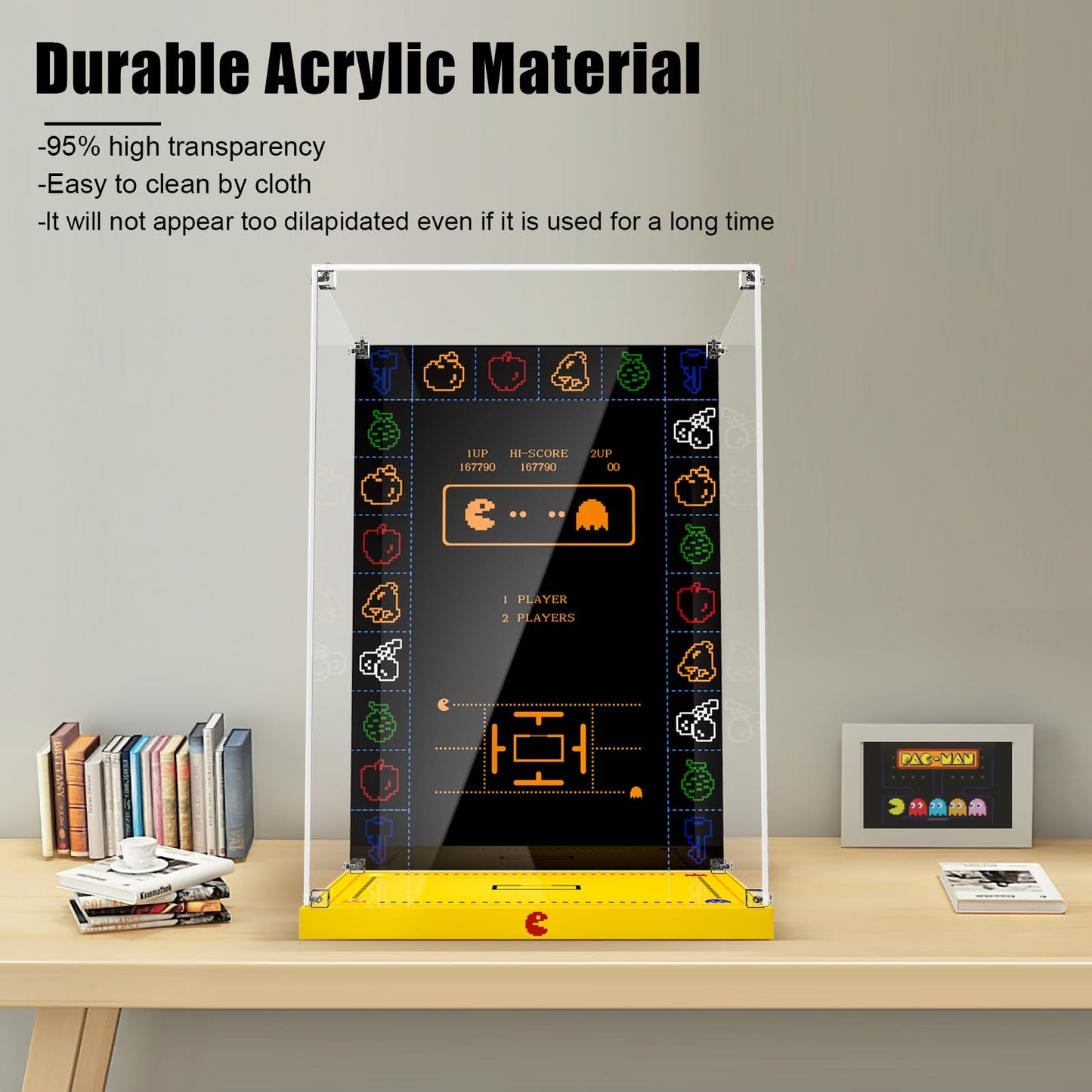 Acrylic Display Case for Lego Pac-Man Arcade Machine Building Toy Set, Dustproof Display Box for Lego Pac-Man Arcade Machine 10323, Customized Decorative Box & HD Painted Background