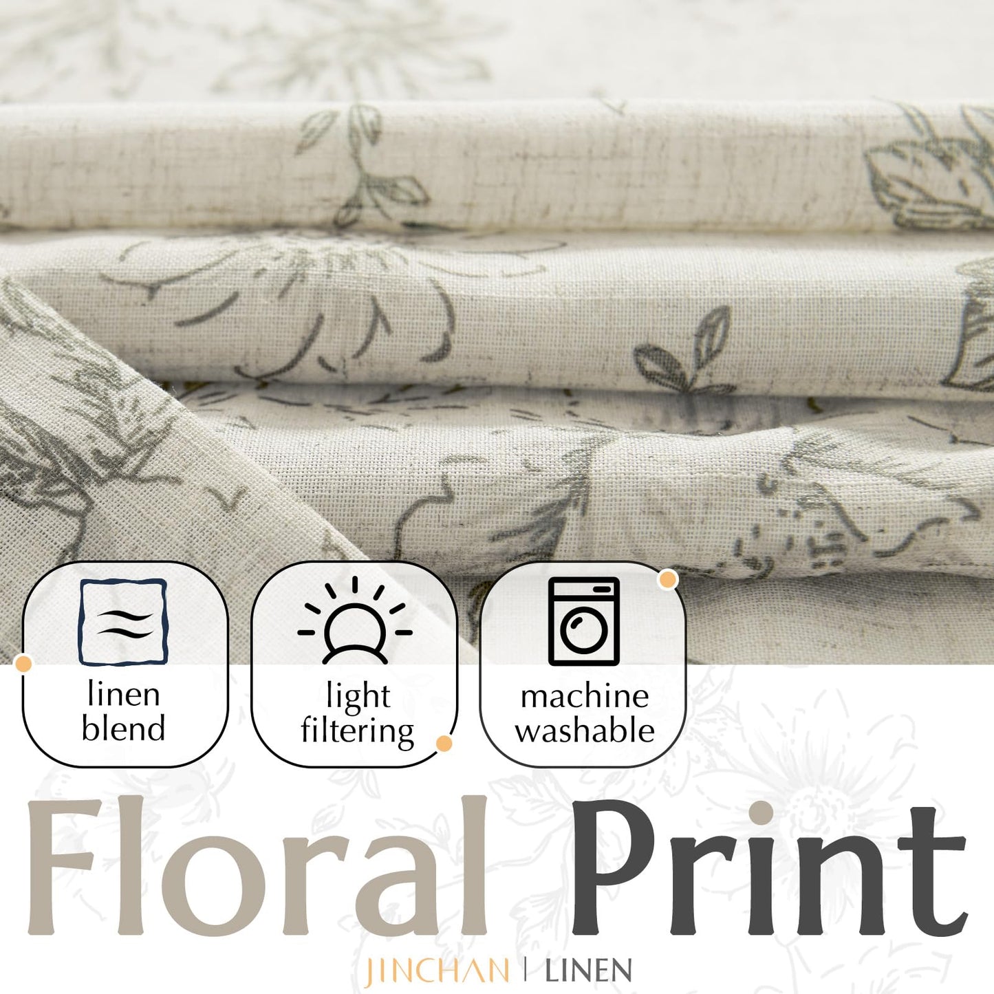 jinchan Lined Linen Blend Curtain Floral Curtains for Living Room 108 Inches Extra Long Grey Peony Flower Printed Curtain Back Tab Farmhouse Patterned Drapes Bedroom Window Curtains Set 2 Panels