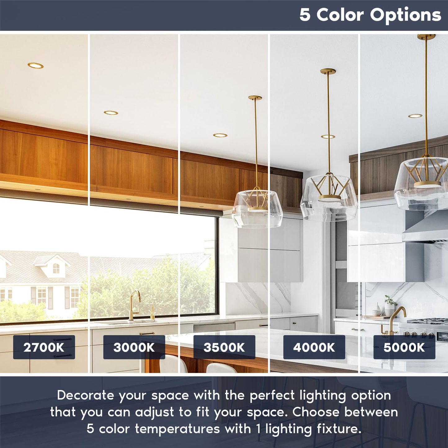 LUXRITE 6 Inch Ultra Thin LED Recessed Light with J-Box, 12W, 5 Color Options 2700K | 3000K | 3500K | 4000K | 5000K, Dimmable Wafer Light, 1000 Lumens, Brass Trim, Energy Star, IC Rated