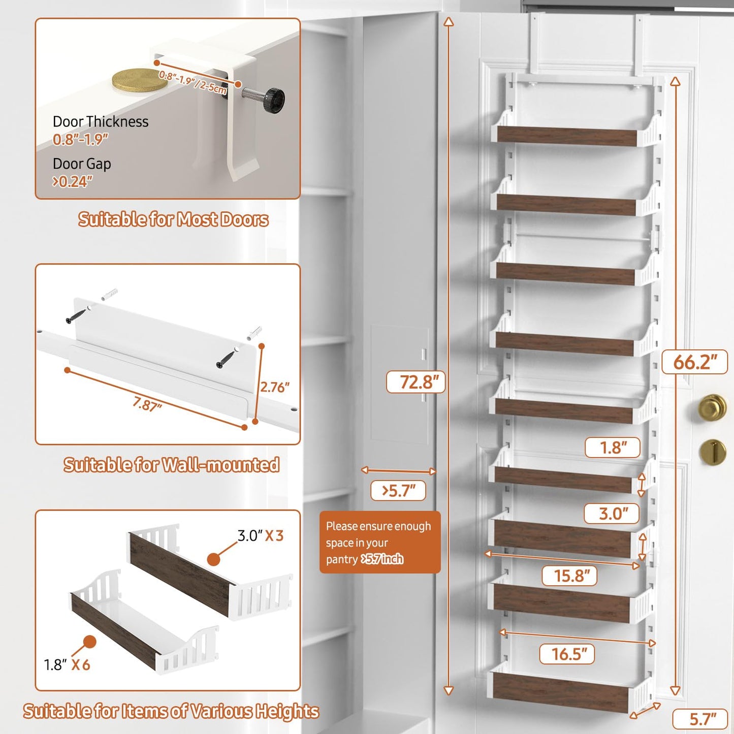 Cransidium Over the Door Pantry Organizer: Pantry Organization and Storage with Hanging Basket - 9-Tier Metal Spice Rack Adjustable Shelves for Kitchen Bedroom Bathroom & Laundry Room White