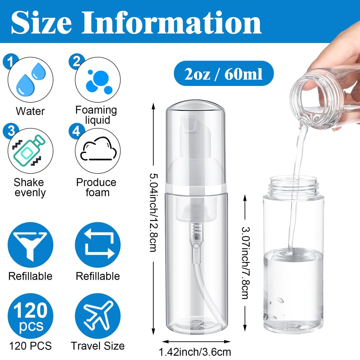 Dandat 120 Pcs Empty Foam Pump Bottles Bulk 2oz/60ml Mini Plastic Refillable Soap Dispenser Bottles for Shampoo Lotion Lash Cleanser Foaming Travel Cleaning Cosmetic