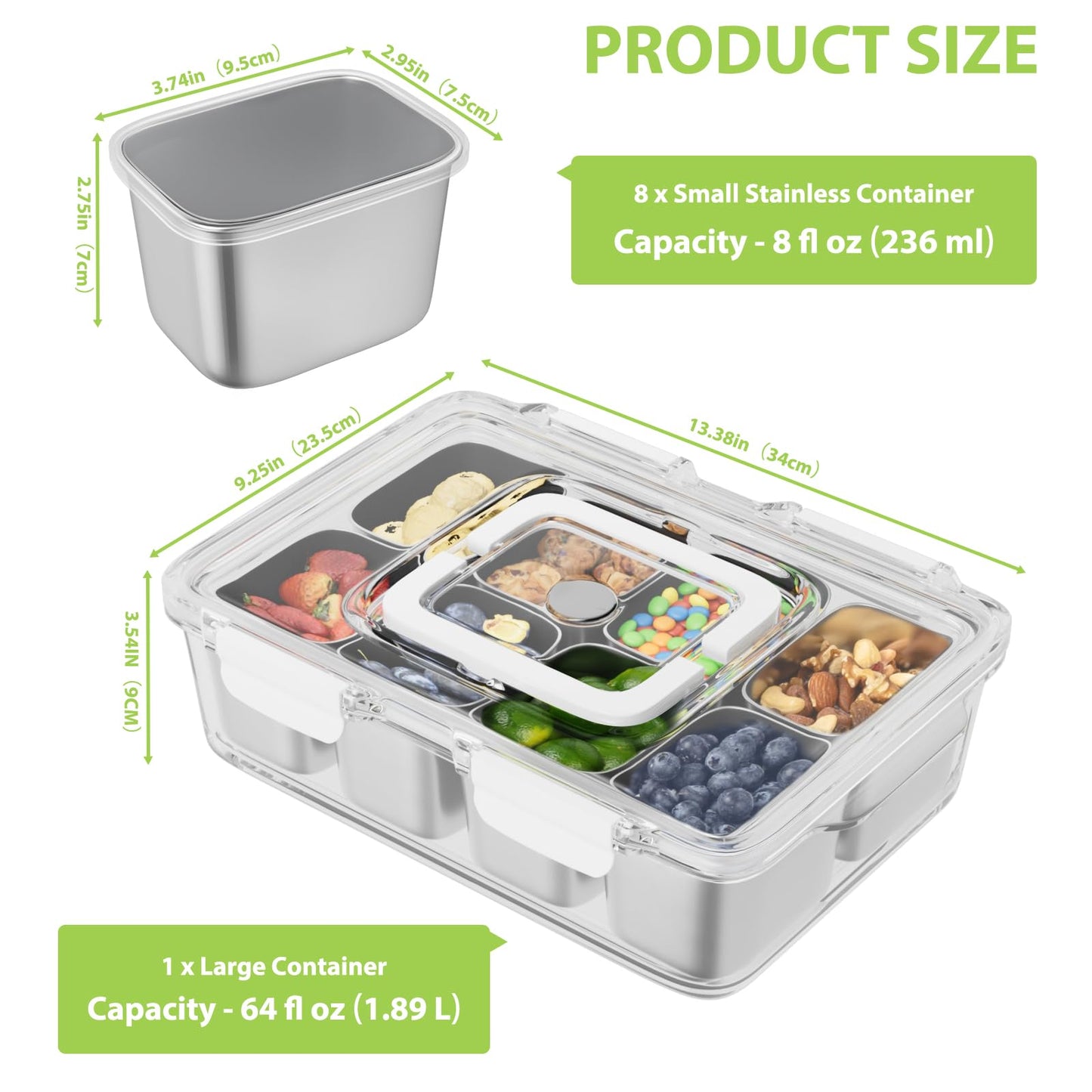 Snackle Box Container, Stainless Steel Divided Serving Tray with Lid and Handle, 8 Compartment Portable Snack Platters - Clear Storage Organizer for Fruit Candy Nuts Veggie - Perfect for Travel Party