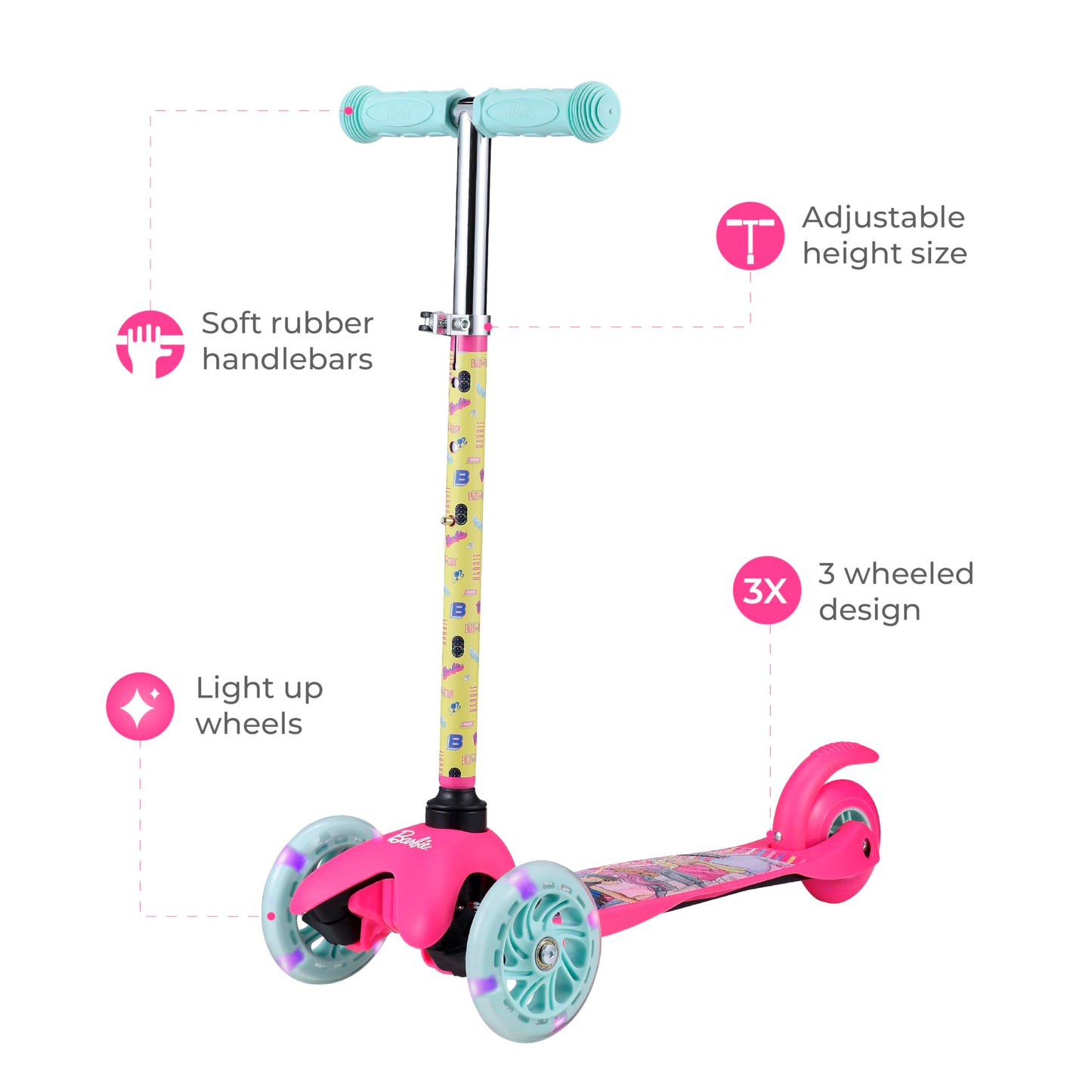 Barbie Self Balancing Kick Scooter with Light Up Wheels, Extra Wide Deck, 3 Wheel Platform, Foot Activated Brake, 75 lbs Limit, Kids & Toddlers Girls or Boys, for Ages 3 and Up